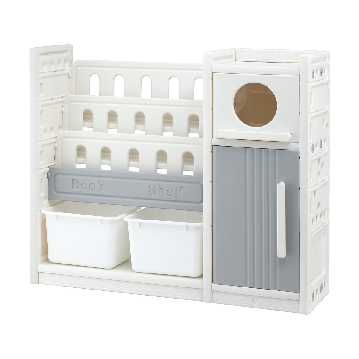 Keezi Kids Bookshelf and Toy Storage Organizer with 3-Tier Bookshelvs, 2 Removable Bins and 2 Storage Cabinets, Toddler Bookshelf with Toy Organizer f