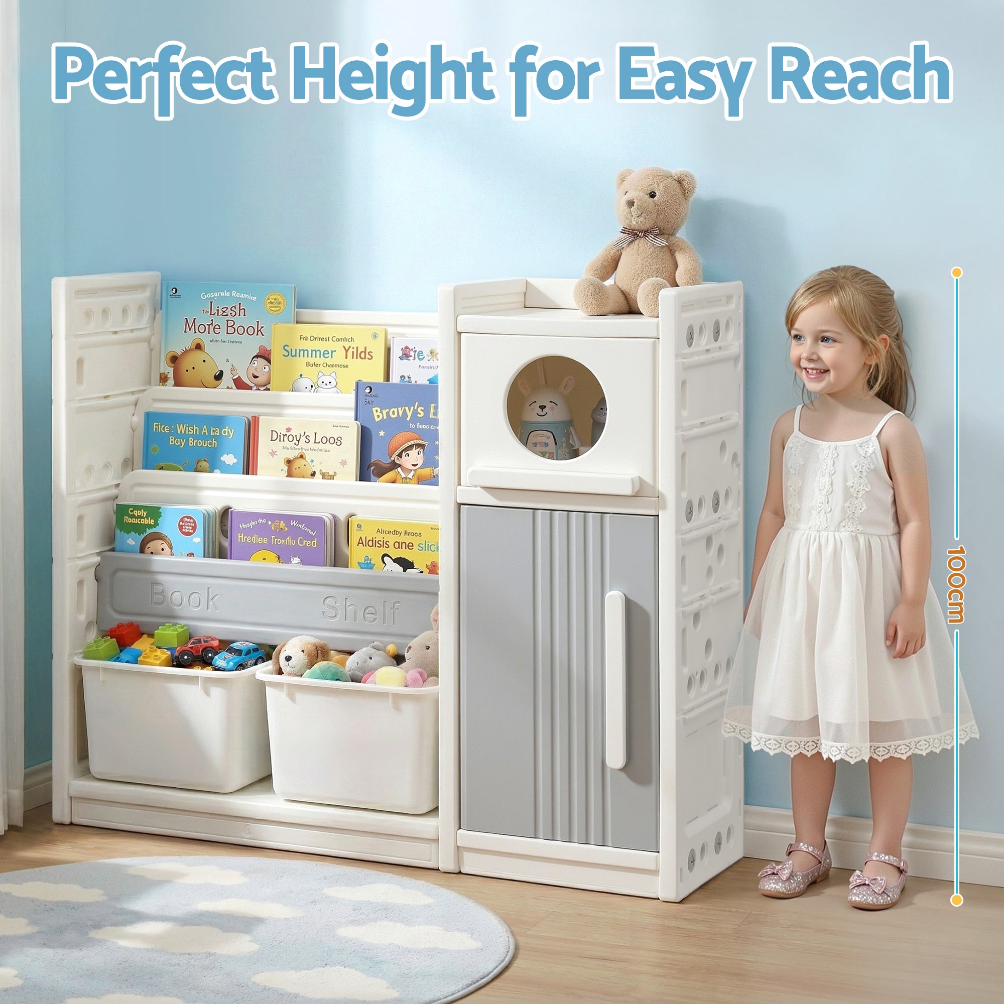 Keezi Kids Bookshelf and Toy Storage Organizer with 3-Tier Bookshelvs, 2 Removable Bins and 2 Storage Cabinets, Toddler Bookshelf with Toy Organizer f