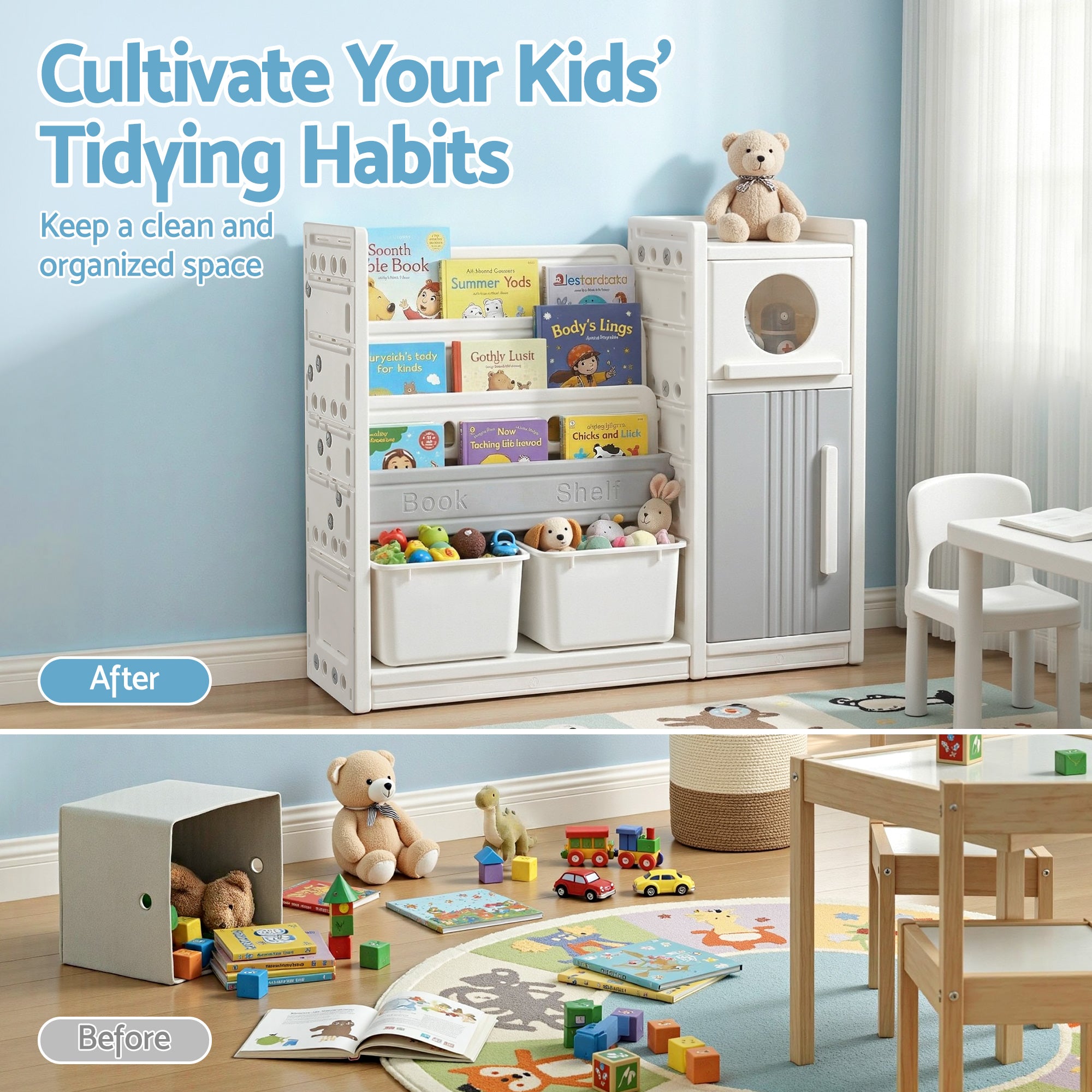 Keezi Kids Bookshelf and Toy Storage Organizer with 3-Tier Bookshelvs, 2 Removable Bins and 2 Storage Cabinets, Toddler Bookshelf with Toy Organizer f