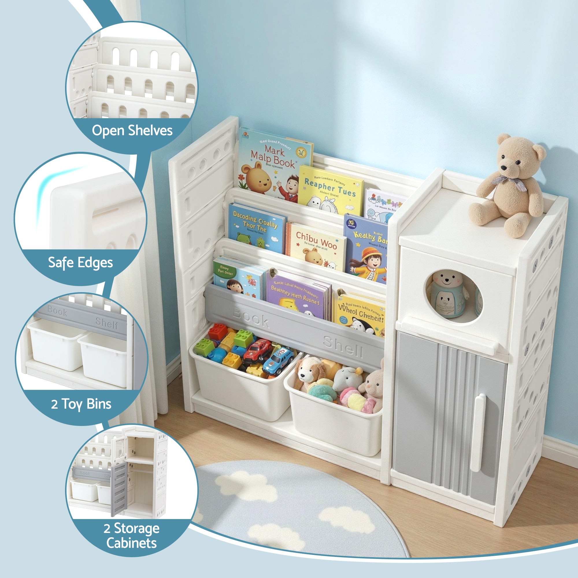 Keezi Kids Bookshelf and Toy Storage Organizer with 3-Tier Bookshelvs, 2 Removable Bins and 2 Storage Cabinets, Toddler Bookshelf with Toy Organizer f