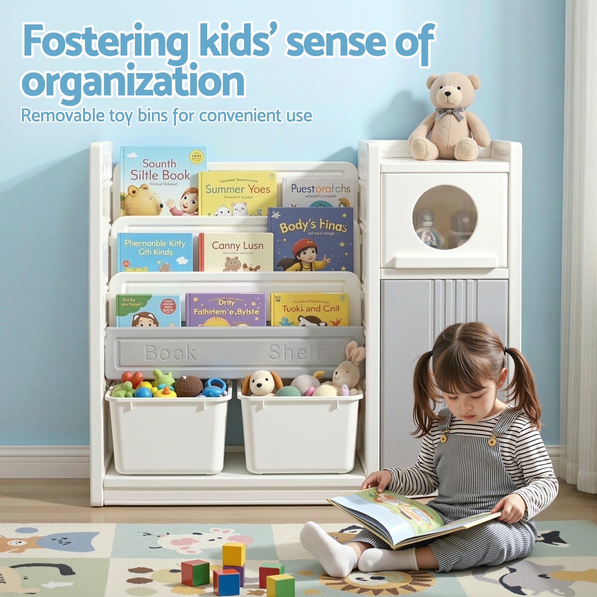 Keezi Kids Bookshelf and Toy Storage Organizer with 3-Tier Bookshelvs, 2 Removable Bins and 2 Storage Cabinets, Toddler Bookshelf with Toy Organizer f