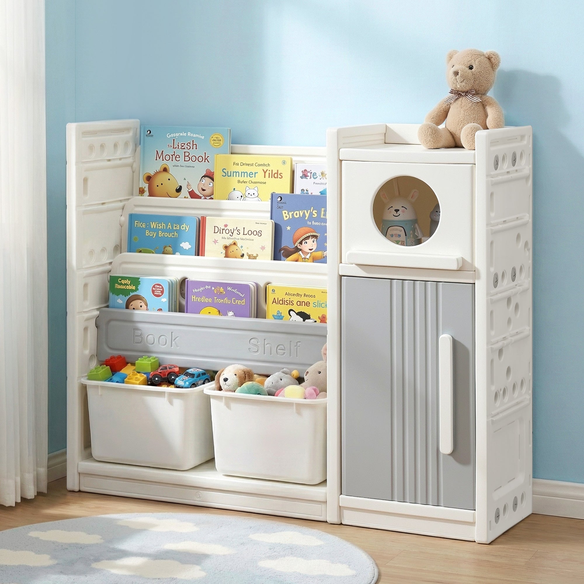 Keezi Kids Bookshelf and Toy Storage Organizer with 3-Tier Bookshelvs, 2 Removable Bins and 2 Storage Cabinets, Toddler Bookshelf with Toy Organizer f