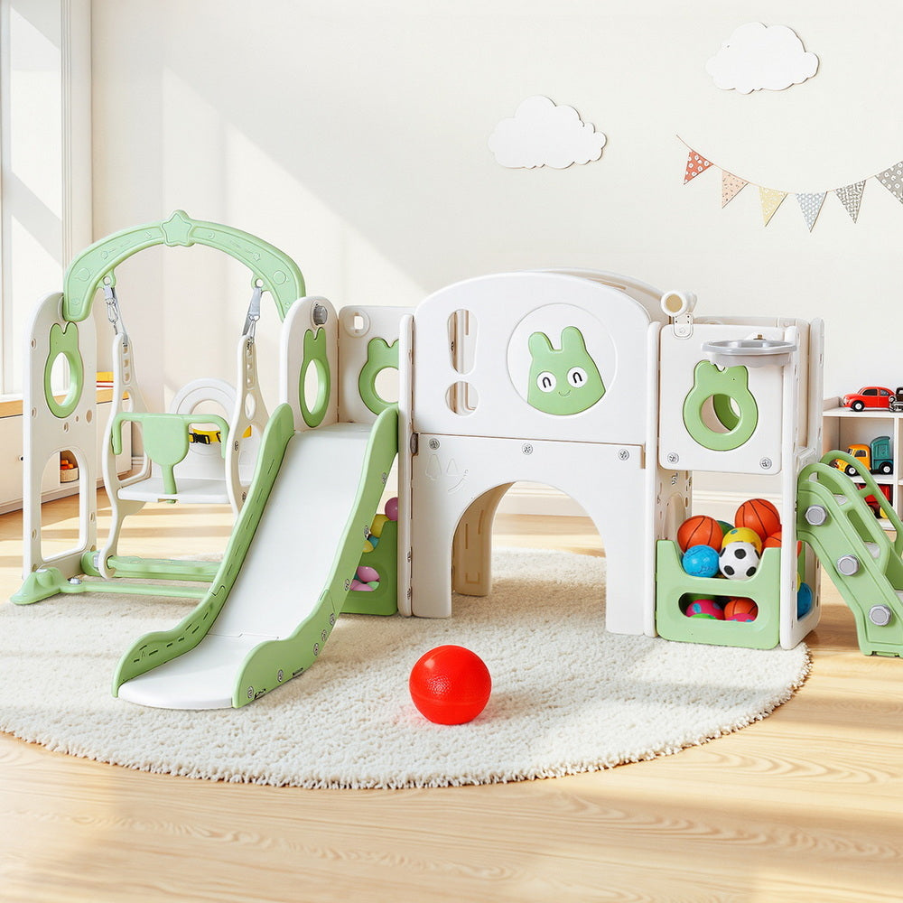 Keezi Kids Slide Swing Set Basketball Hoop Ring Football Outdoor Toys 140cm Green