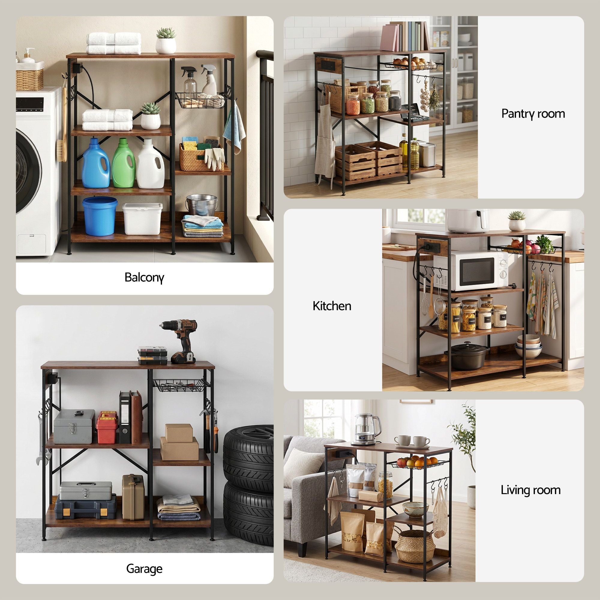 Artiss 3-Tier Kitchen Rack with 2 Power Outlets Microwave Storage Shelf 6 Hooks 90CM