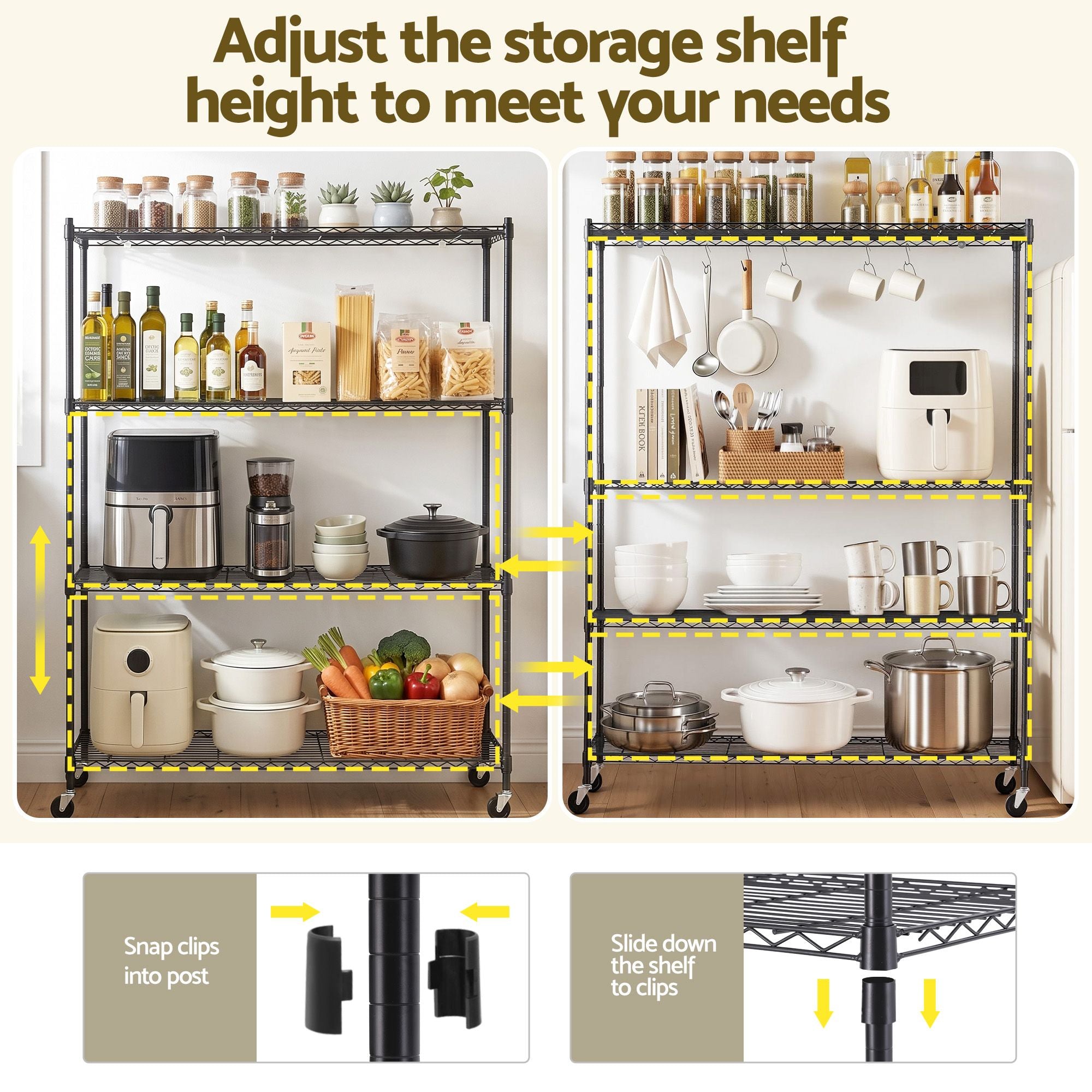 Artiss 4-Tier Kitchen Rack Shelf with Wheels Shelving 152x45x187CM Adjustable Metal Storage Shelves