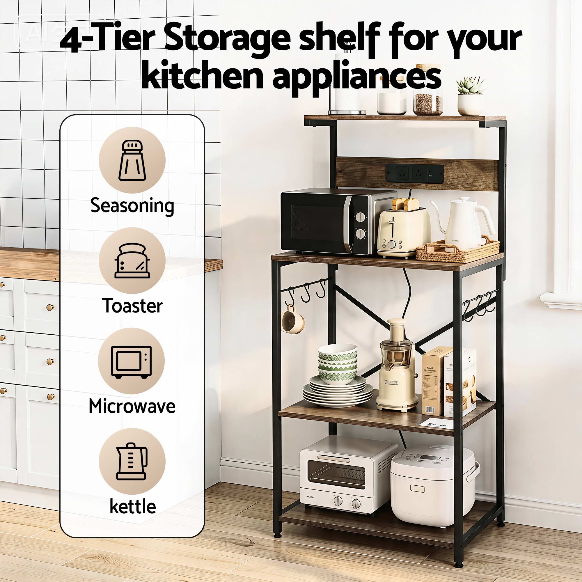 Artiss 4-Tier Kitchen Rack with 2 Power Outlets 6 Hooks Microwave Storage Shelf