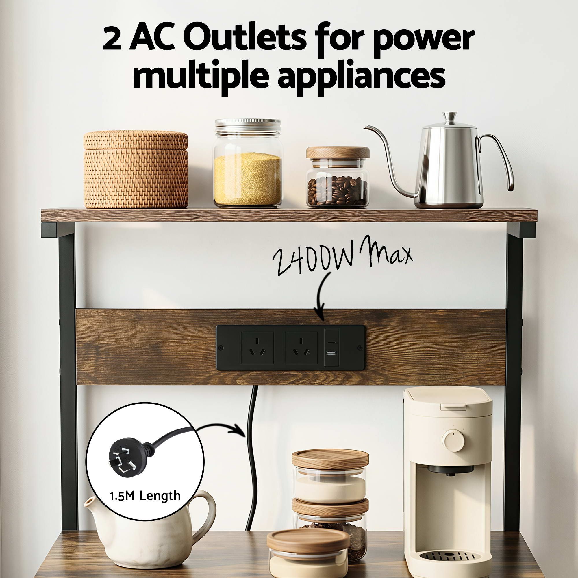 Artiss 4-Tier Kitchen Rack with 2 Power Outlets 6 Hooks Microwave Storage Shelf