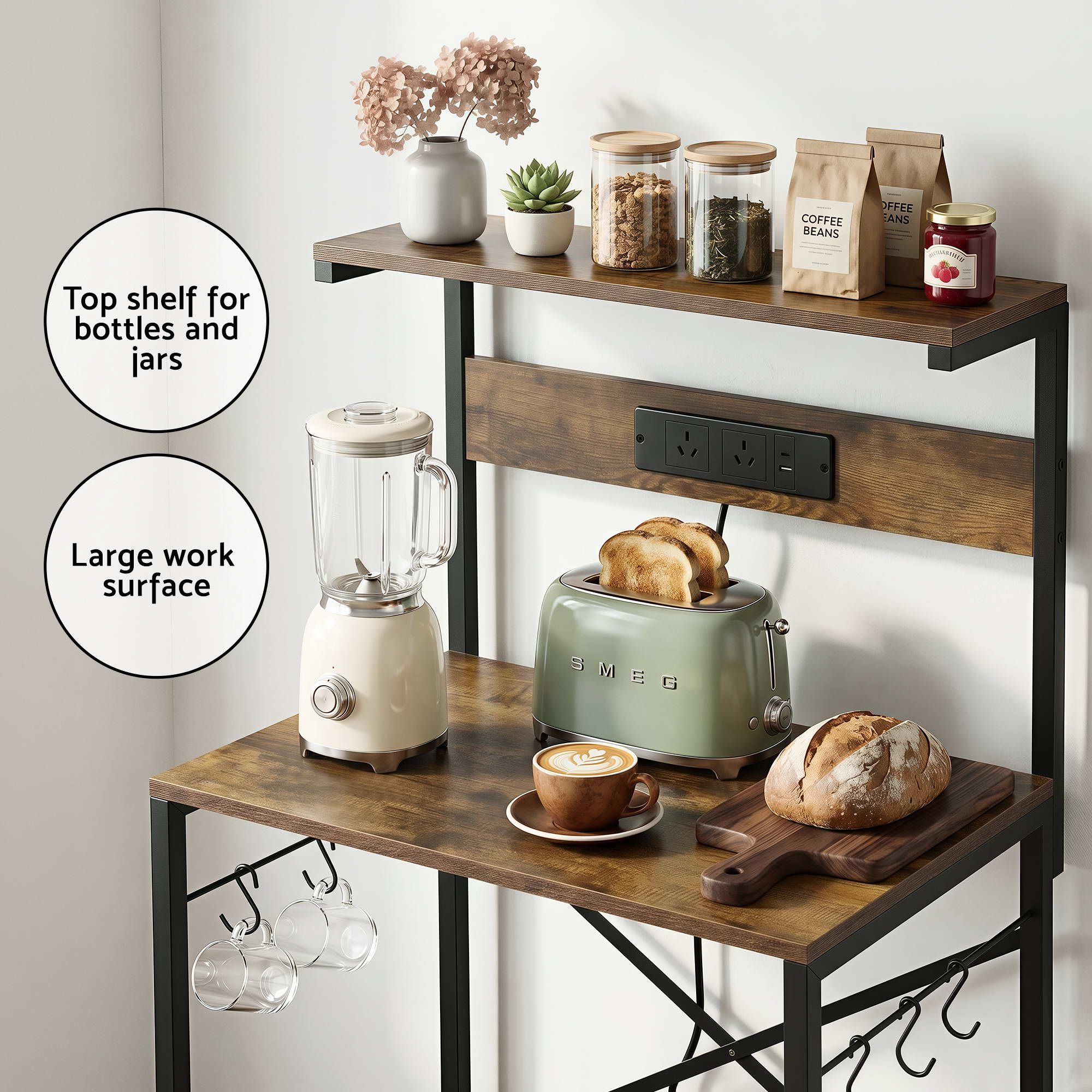 Artiss 4-Tier Kitchen Rack with 2 Power Outlets 6 Hooks Microwave Storage Shelf