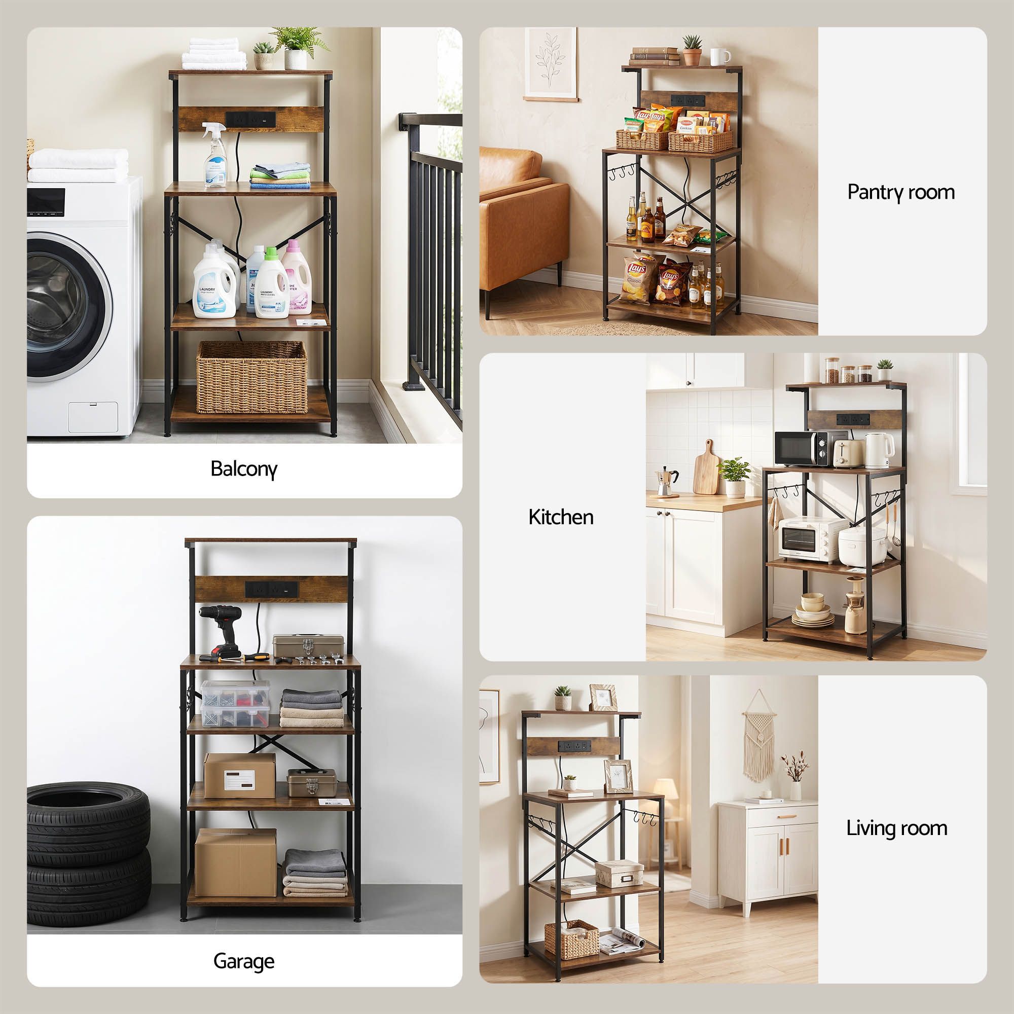 Artiss 4-Tier Kitchen Rack with 2 Power Outlets 6 Hooks Microwave Storage Shelf