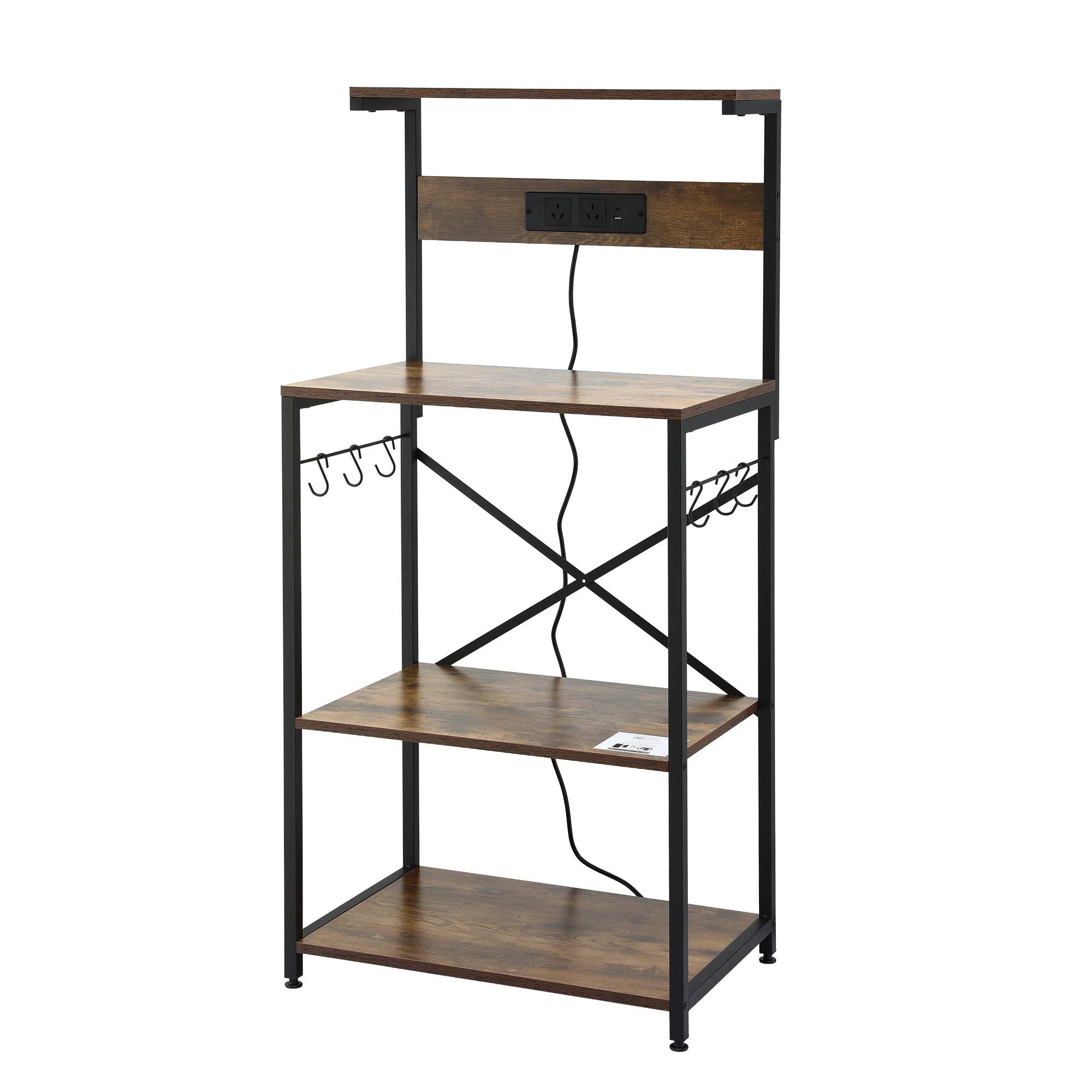 Artiss 4-Tier Kitchen Rack with 2 Power Outlets 6 Hooks Microwave Storage Shelf
