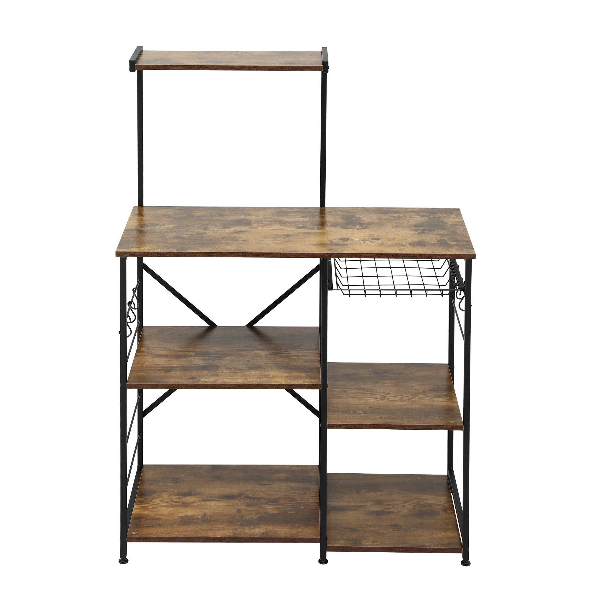 Artiss 4-Tier Kitchen Rack with Pull Out Basket 6 Hooks Microwave Storage Shelf
