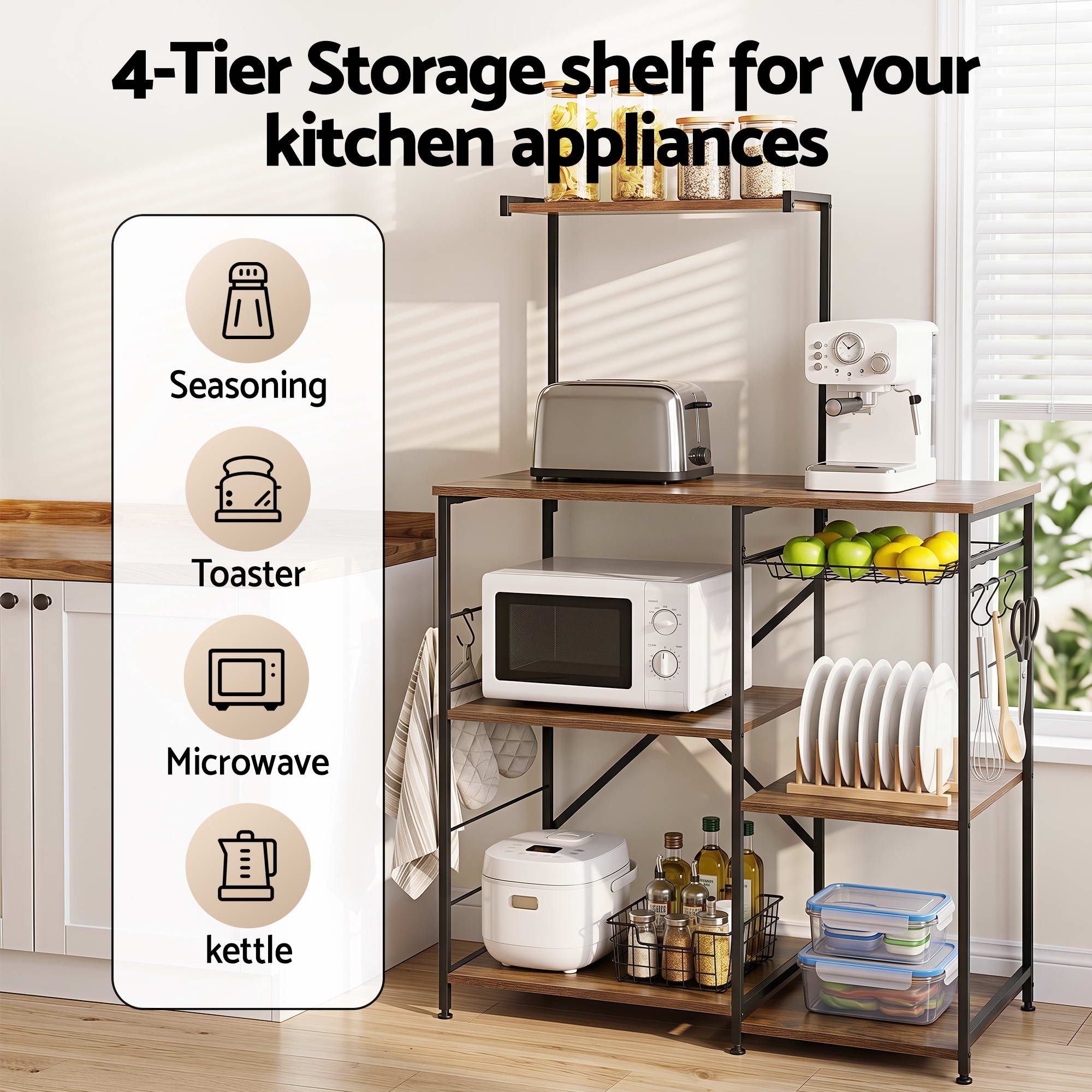 Artiss 4-Tier Kitchen Rack with Pull Out Basket 6 Hooks Microwave Storage Shelf