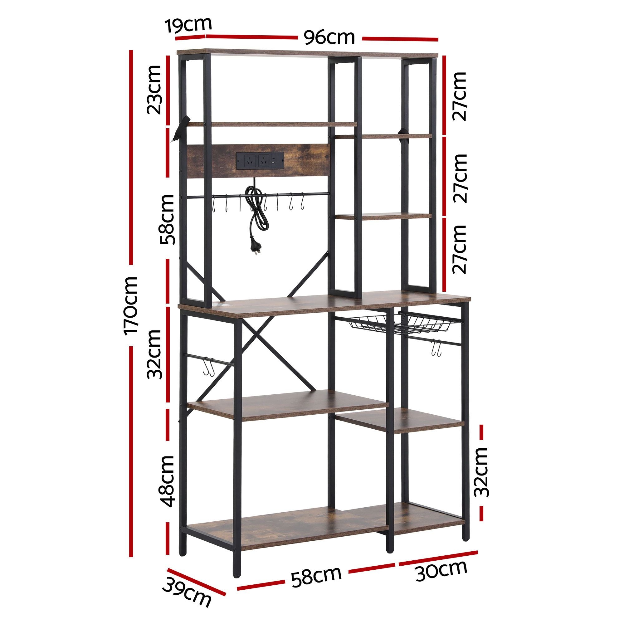 Artiss Kitchen Rack with Power Outlets Hooks 96CMX170CM Microwave Storage Shelf