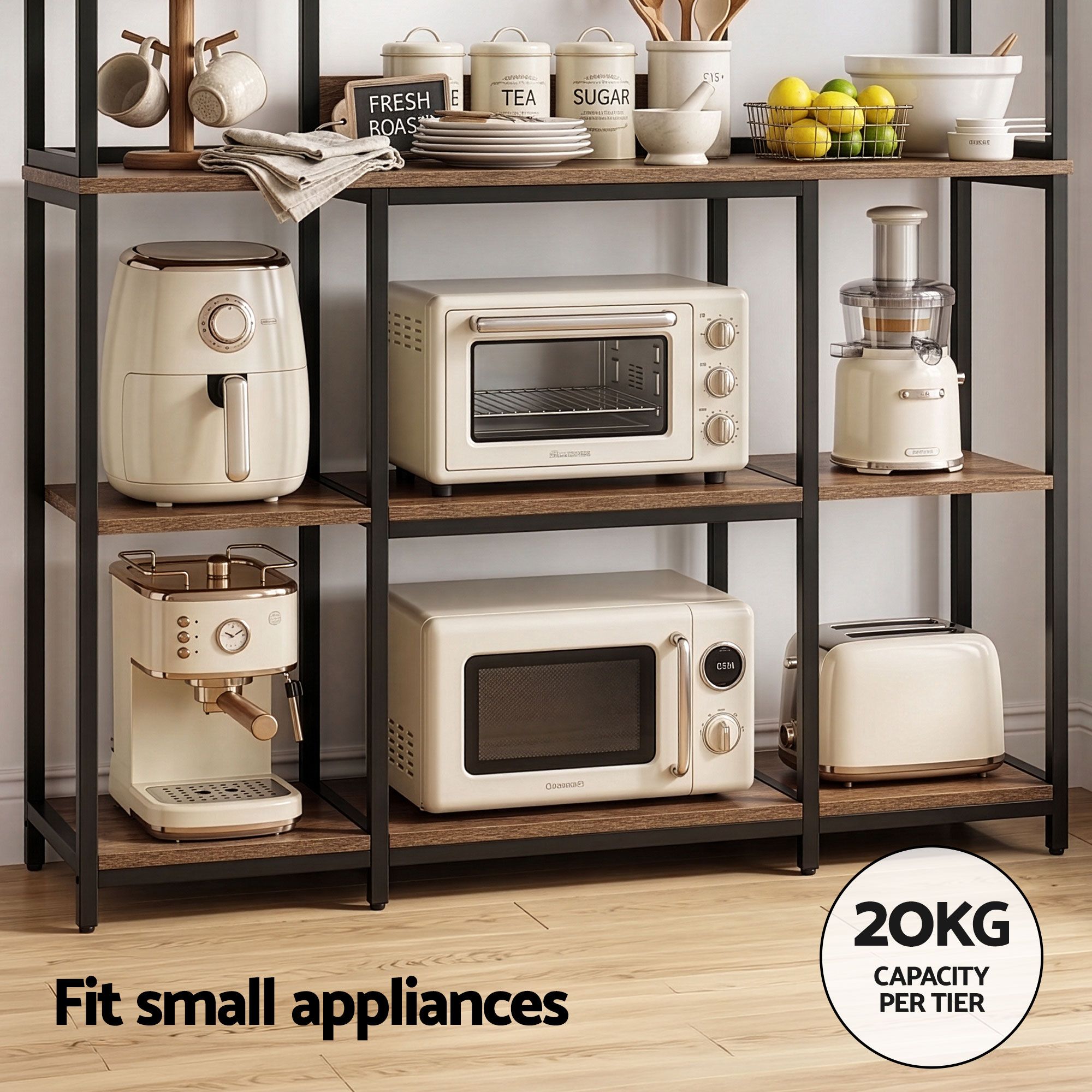 Artiss Kitchen Rack with 6 Hooks Microwave Storage Shelf 120cm x 170cm