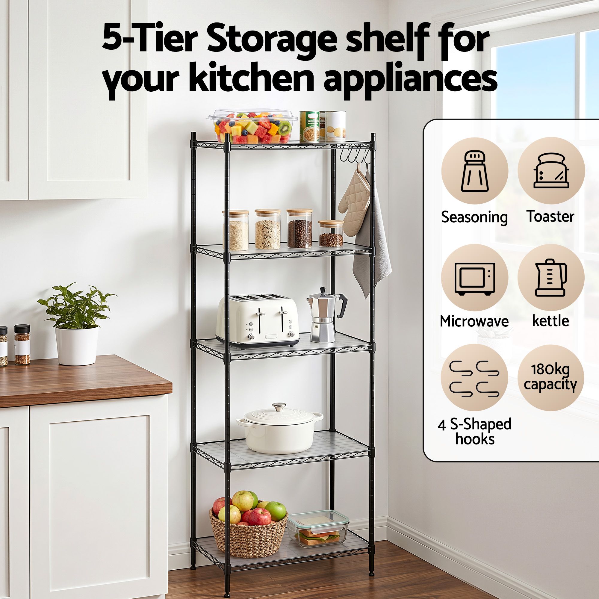 Artiss 5-Tier Kitchen Rack Shelf Shelving Unit 55x30x150CM Adjustable Metal Storage Shelves Black