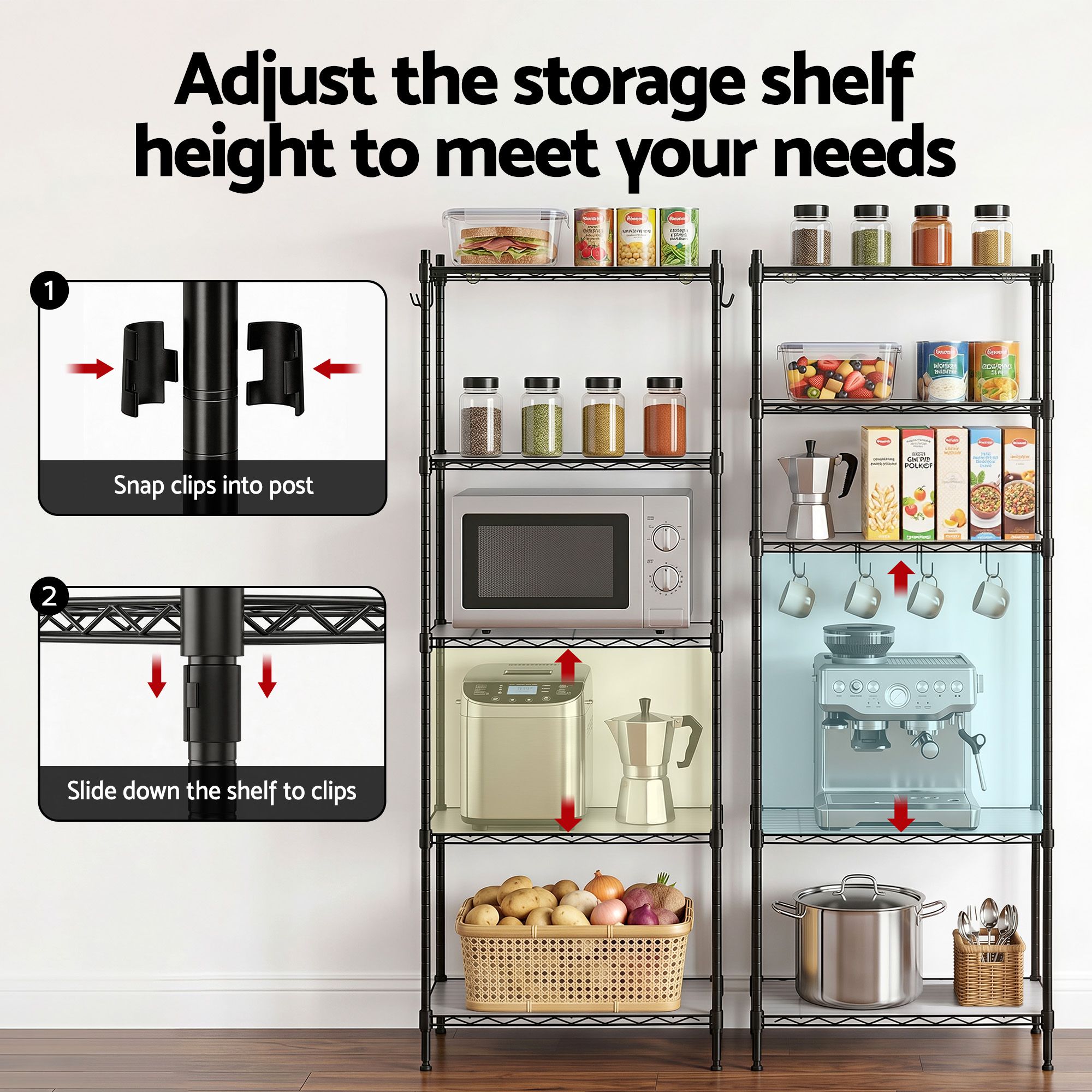 Artiss 5-Tier Kitchen Rack Shelf Shelving Unit 55x30x150CM Adjustable Metal Storage Shelves Black