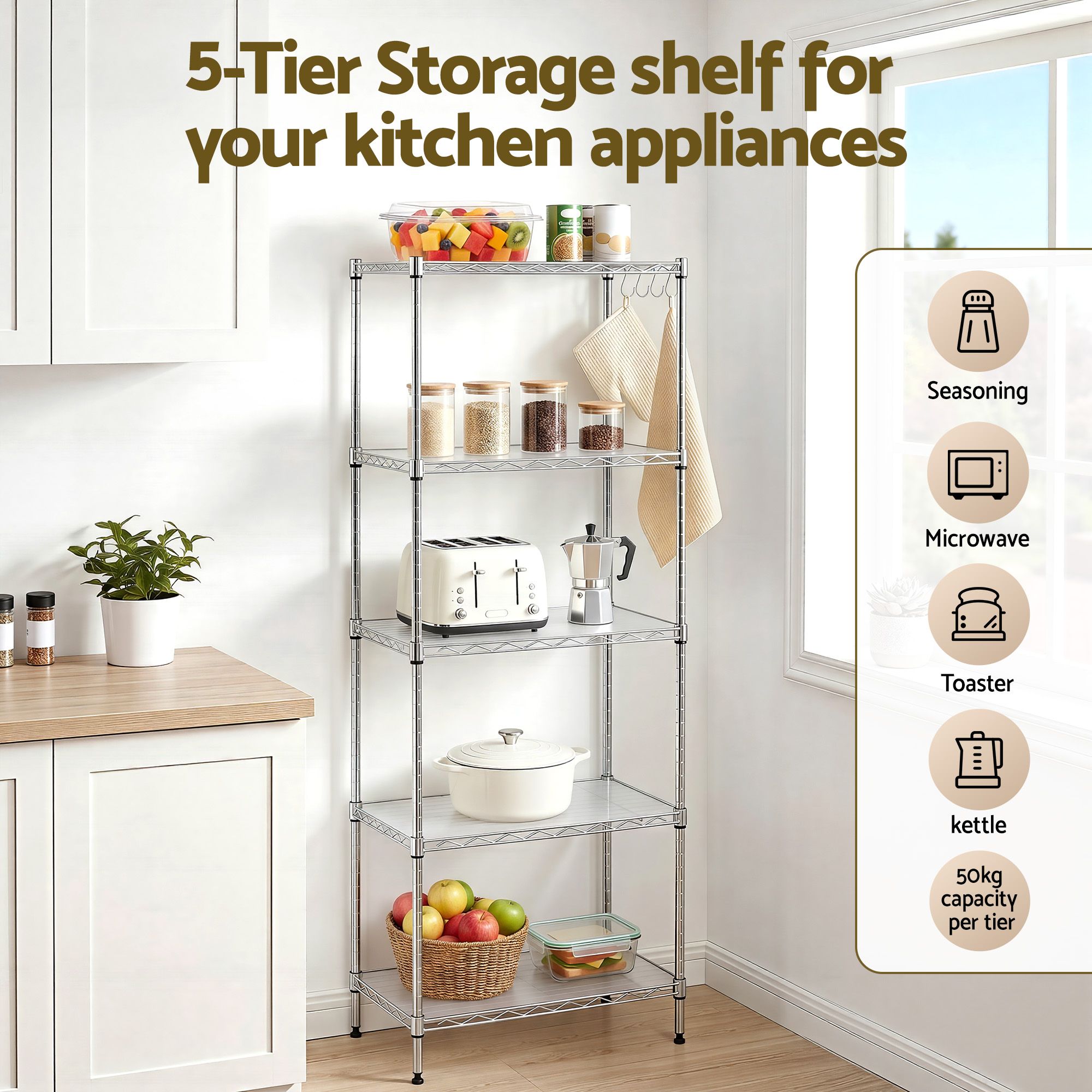 Artiss 5-Tier Kitchen Rack Shelf Shelving Unit 60x35x150CM Adjustable Metal Storage Shelves Silver