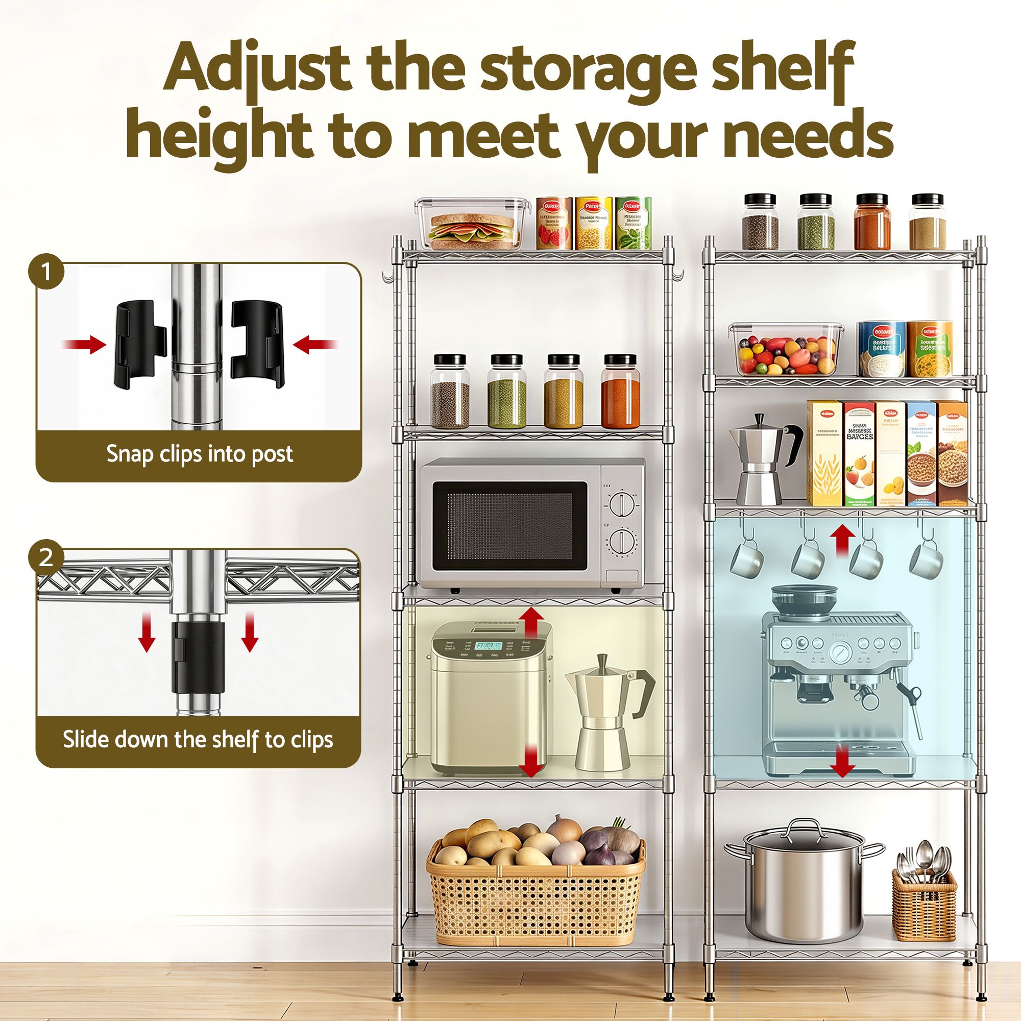 Artiss 5-Tier Kitchen Rack Shelf Shelving Unit 60x35x150CM Adjustable Metal Storage Shelves Silver