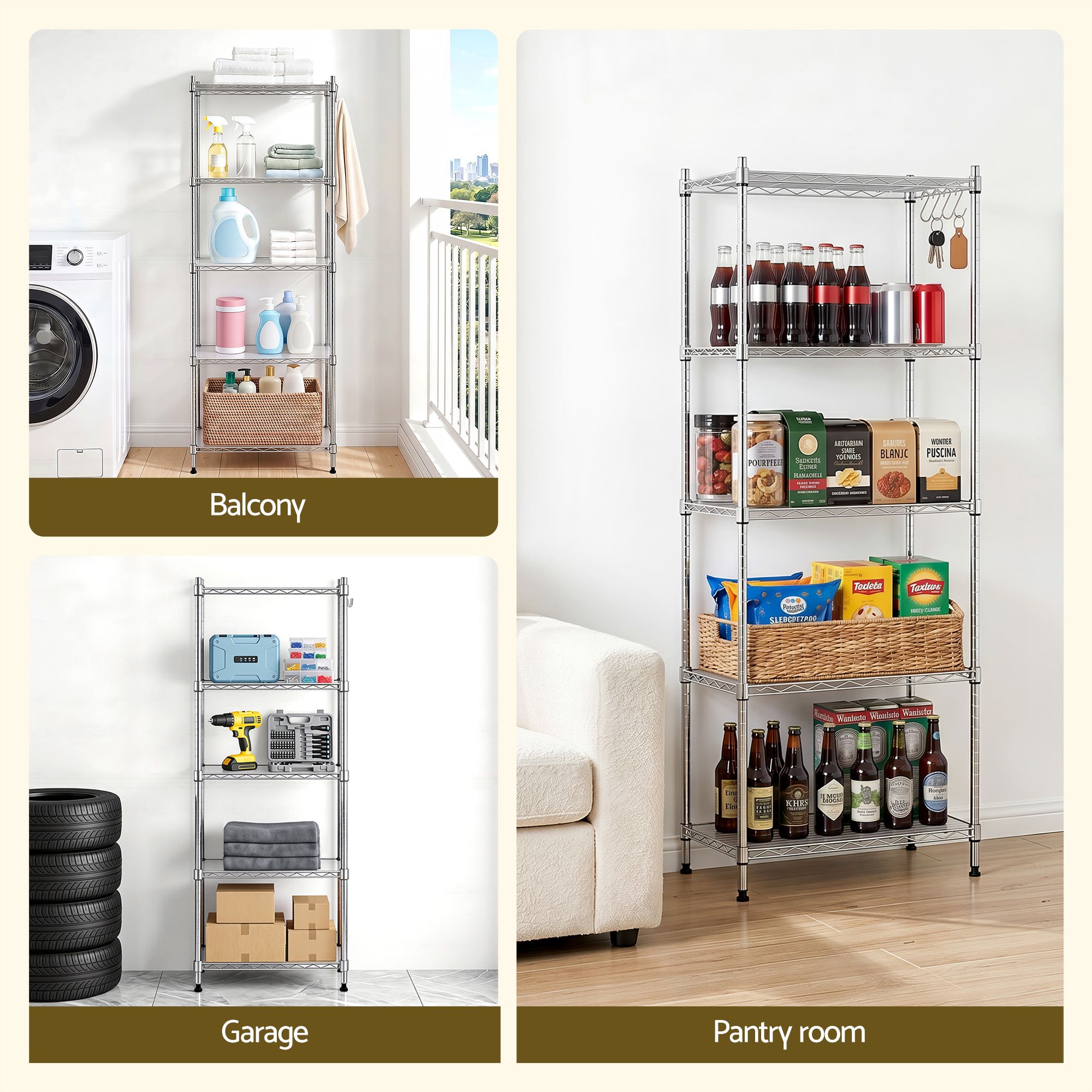 Artiss 5-Tier Kitchen Rack Shelf Shelving Unit 60x35x150CM Adjustable Metal Storage Shelves Silver