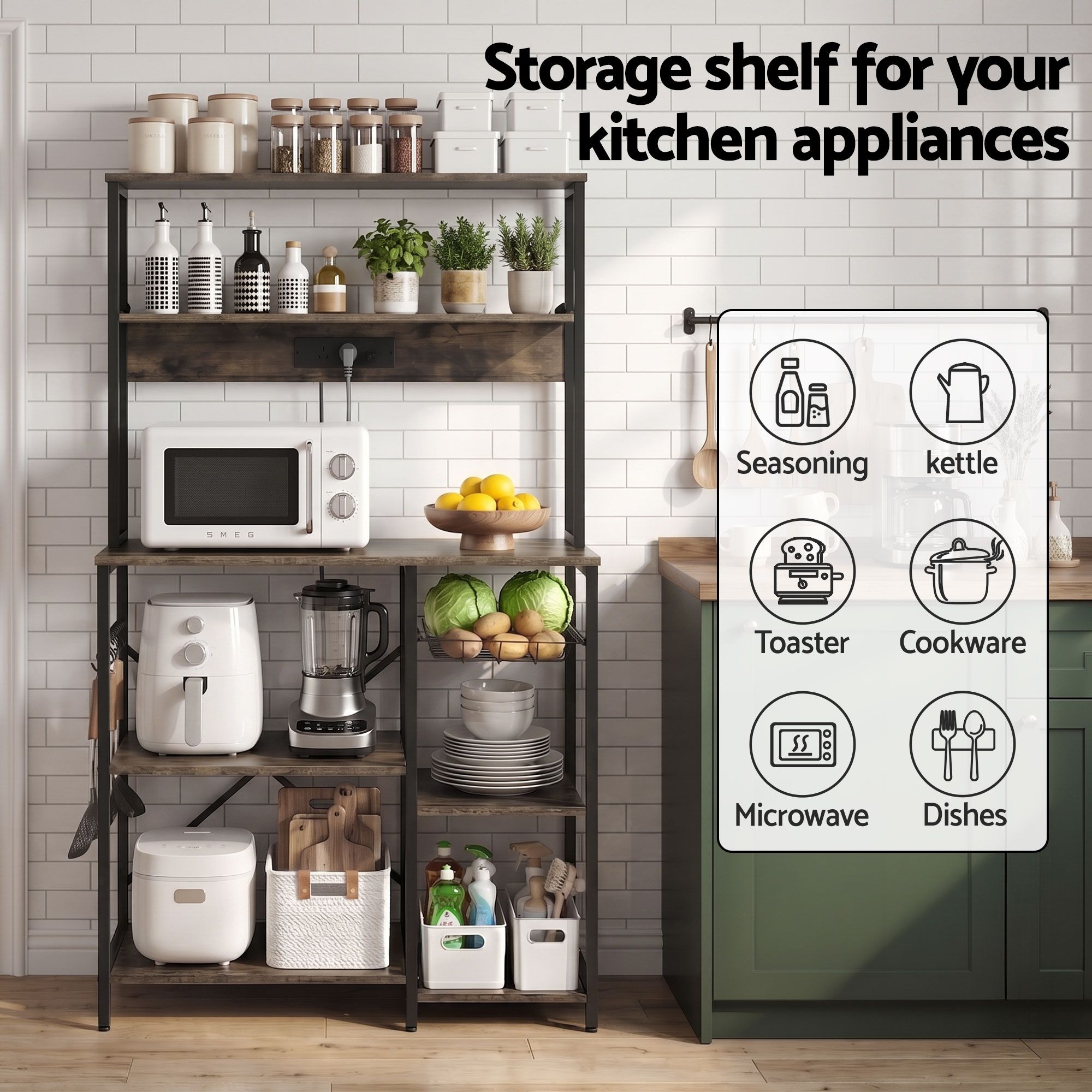 Artiss 5-Tier Kitchen Rack with Power Outlets 90CMX153CM Microwave Storage Shelf