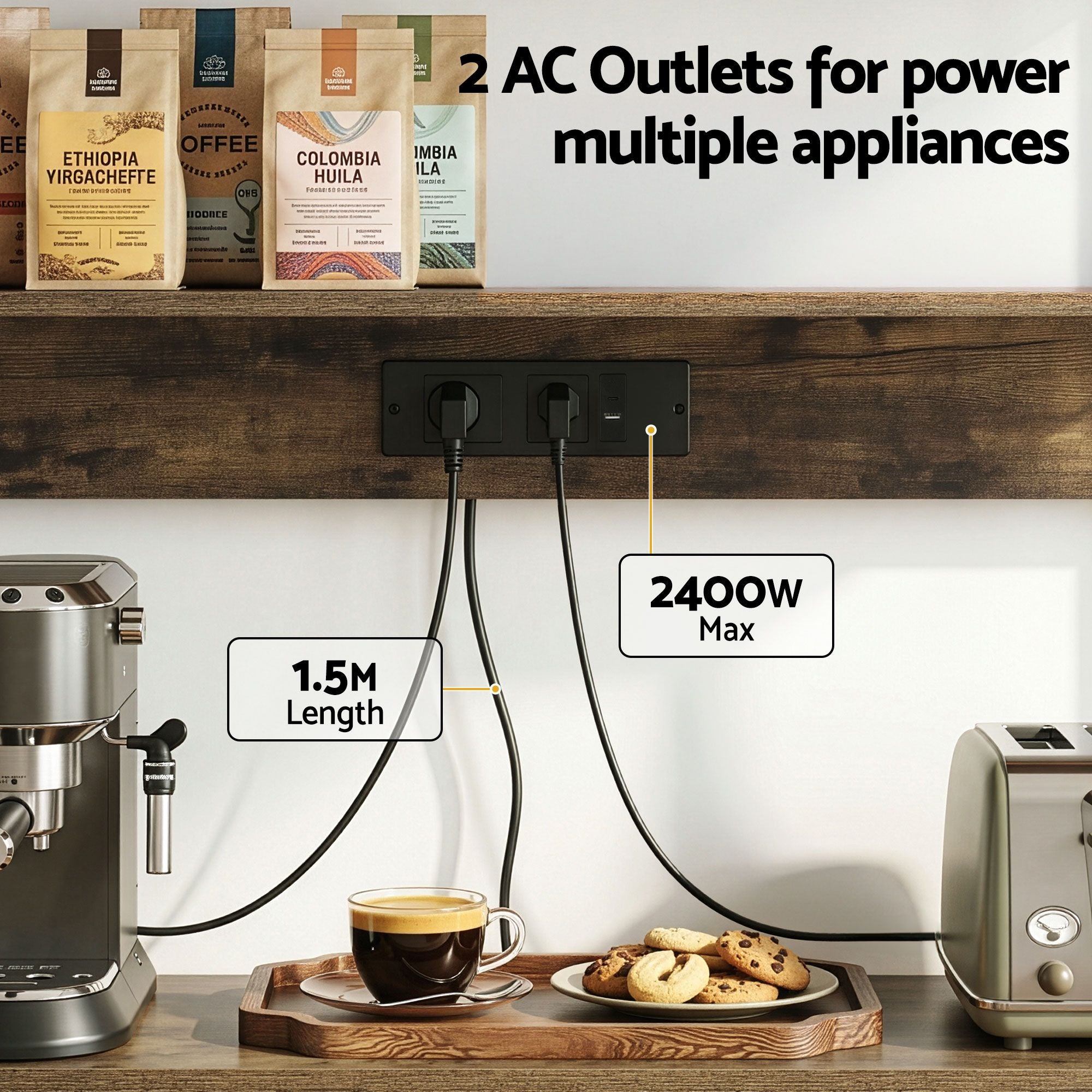 Artiss 5-Tier Kitchen Rack with Power Outlets 90CMX153CM Microwave Storage Shelf