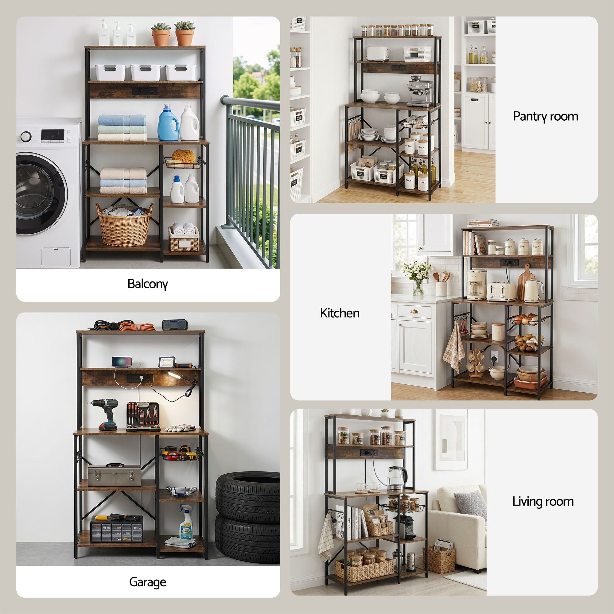 Artiss 5-Tier Kitchen Rack with Power Outlets 90CMX153CM Microwave Storage Shelf