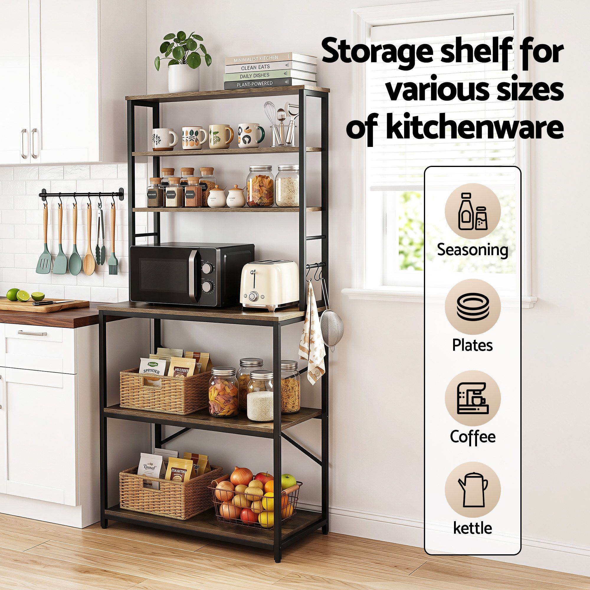 Artiss 6-Tier Kitchen Rack with 6 Hooks Microwave Storage Shelf 80cm x 167cm