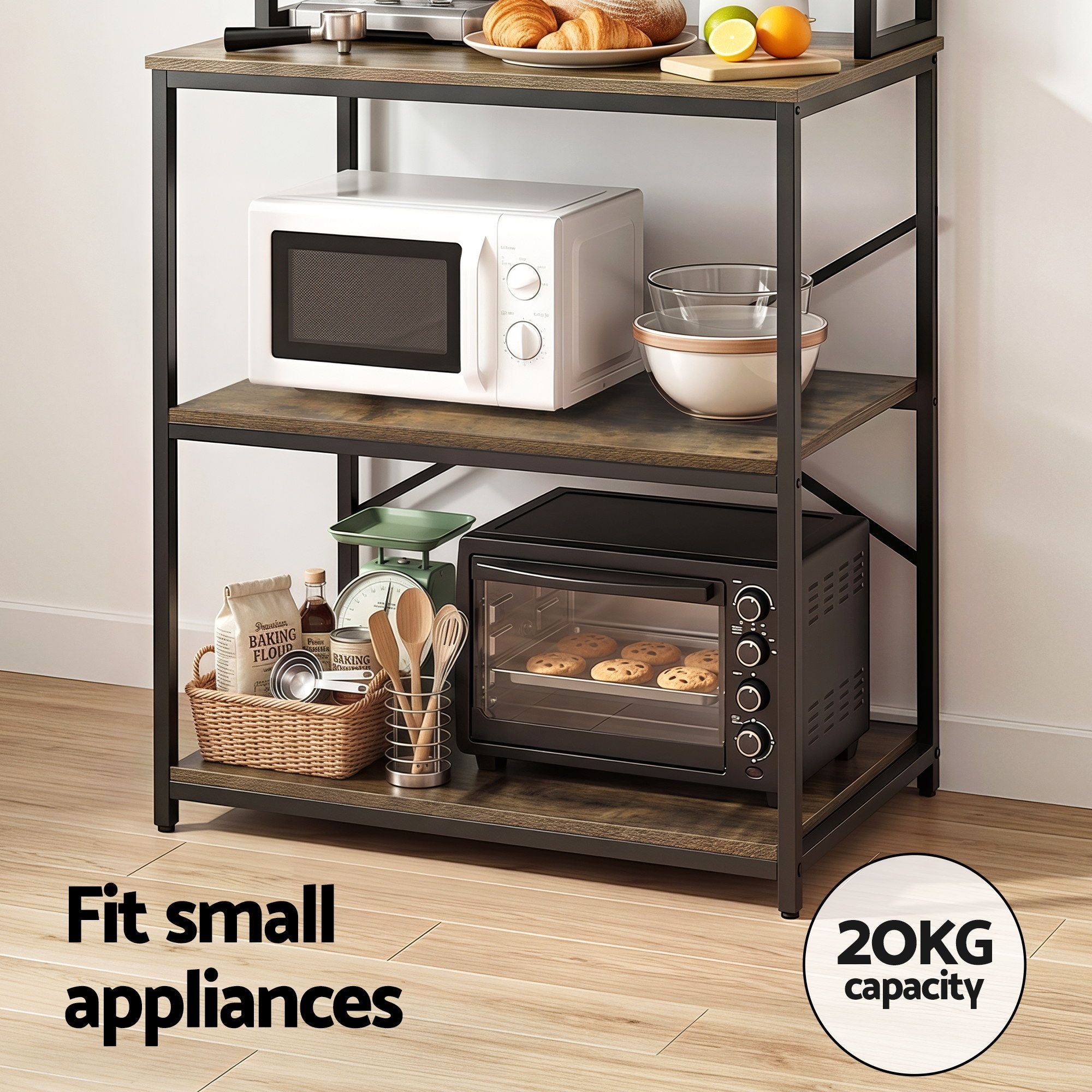Artiss 6-Tier Kitchen Rack with 6 Hooks Microwave Storage Shelf 80cm x 167cm