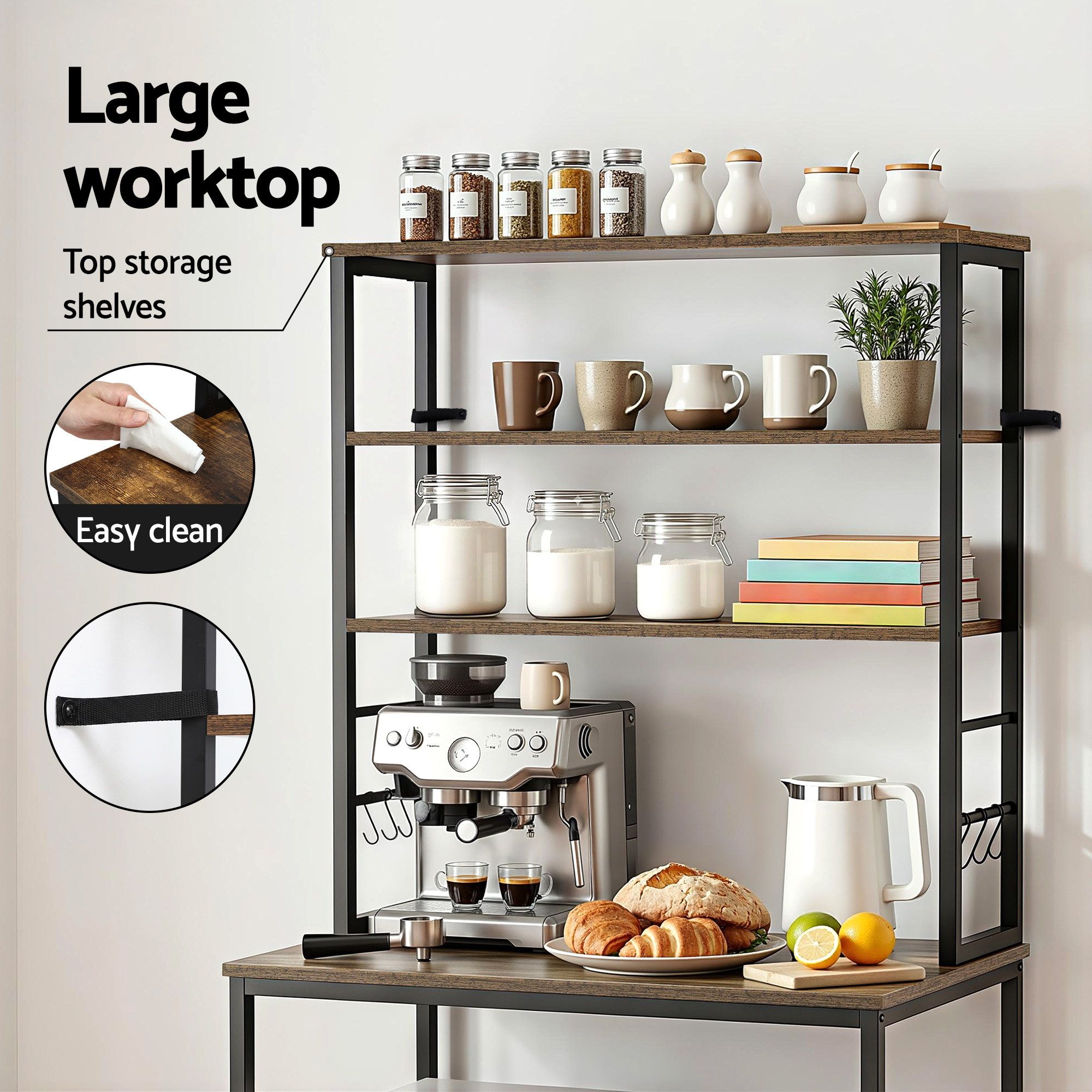Artiss 6-Tier Kitchen Rack with 6 Hooks Microwave Storage Shelf 80cm x 167cm