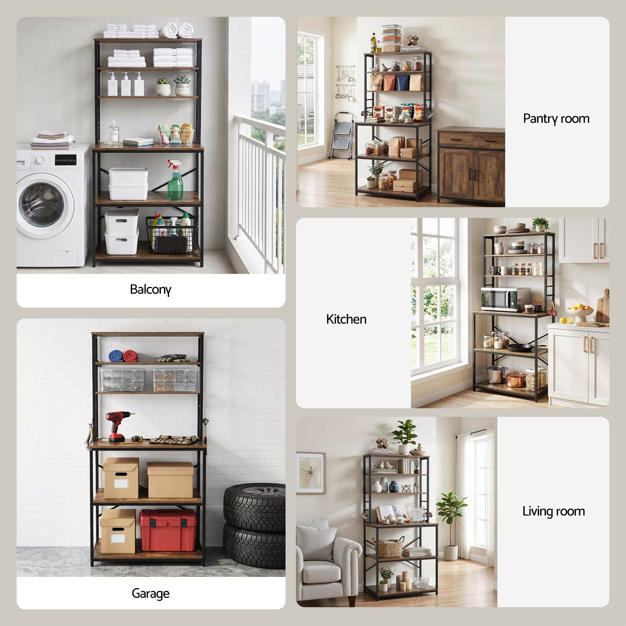 Artiss 6-Tier Kitchen Rack with 6 Hooks Microwave Storage Shelf 80cm x 167cm