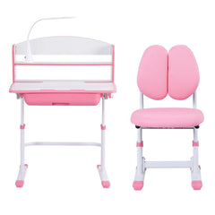 Keezi Kids Study Desk Chair Set Adjustable Ergonomic Table LED Lamp Pink