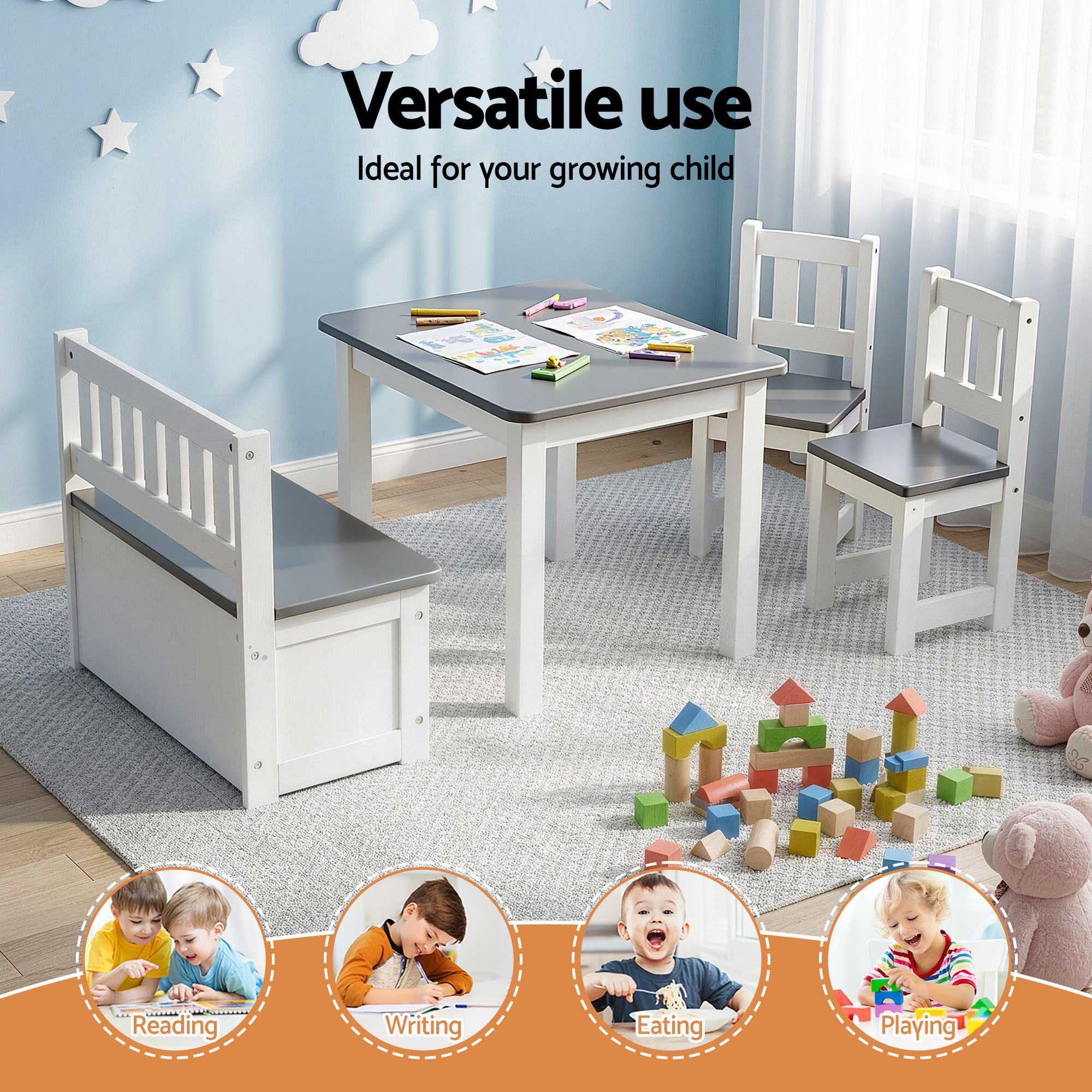 Keezi 2 in 1 Kids Table and Chair Set, Activity Table with Storage Bench and 2 Chairs for Reading, Drawing, Writing, Snack Time & Arts Crafts, 4 Piece Toddler Table and Chair Set,