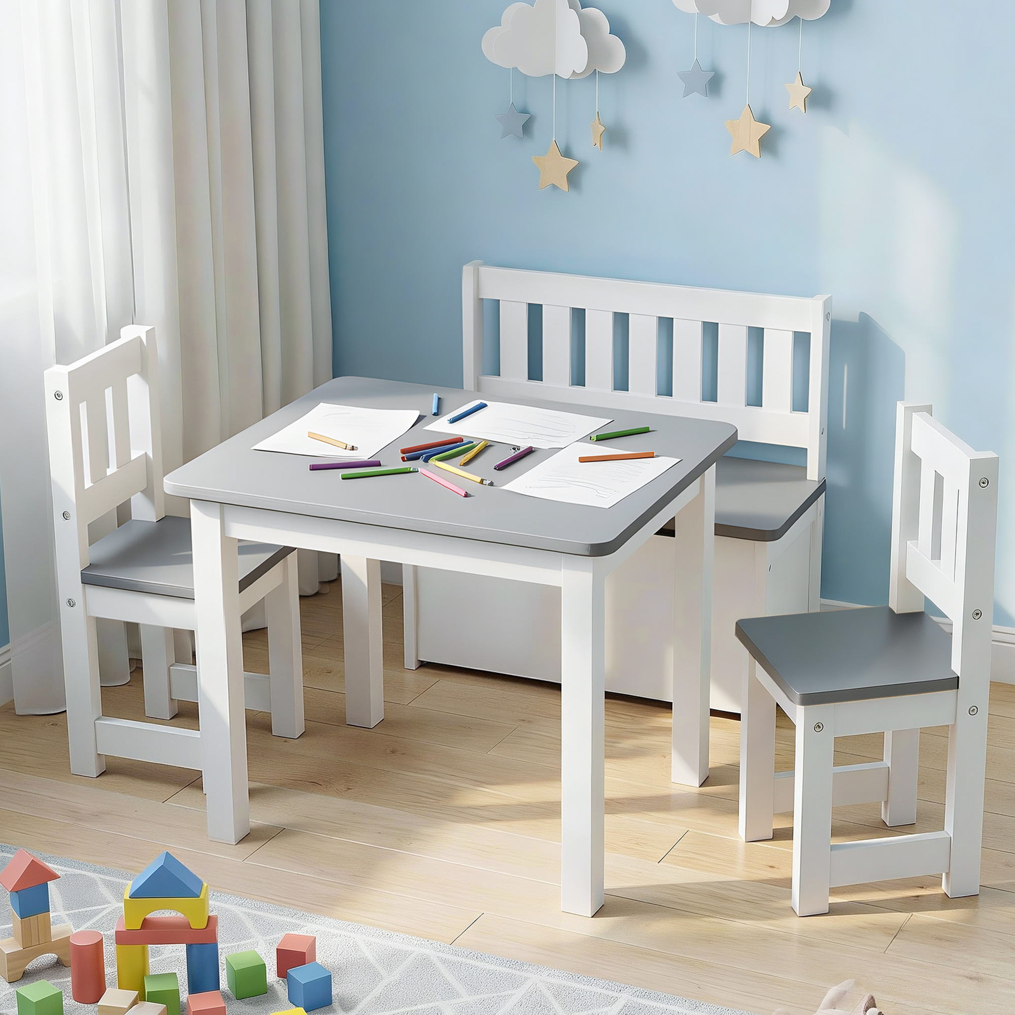 Keezi 2 in 1 Kids Table and Chair Set, Activity Table with Storage Bench and 2 Chairs for Reading, Drawing, Writing, Snack Time & Arts Crafts, 4 Piece Toddler Table and Chair Set,