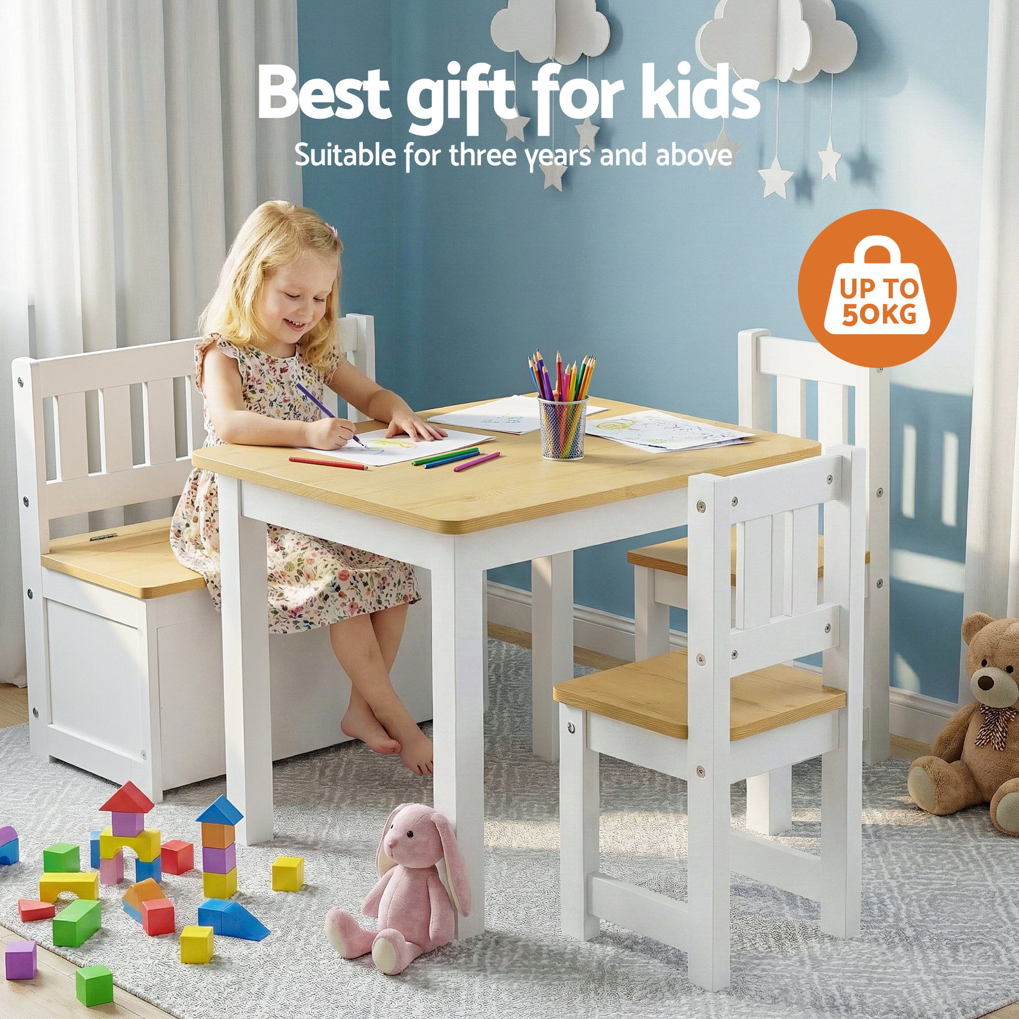 Keezi 2 in 1 Kids Table and Chair Set, Activity Table with Storage Bench and 2 Chairs for Reading, Drawing, Writing, Snack Time & Arts Crafts, 4 Piece Toddler Table and Chair Set,