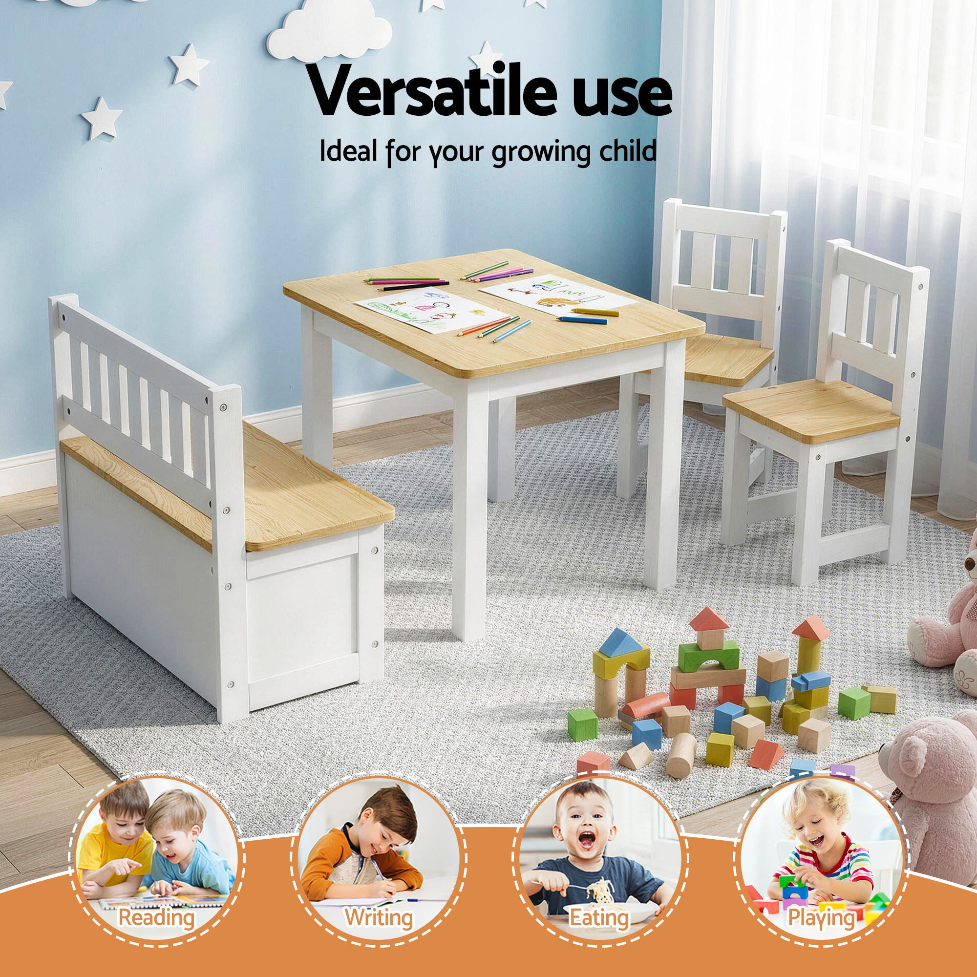 Keezi 2 in 1 Kids Table and Chair Set, Activity Table with Storage Bench and 2 Chairs for Reading, Drawing, Writing, Snack Time & Arts Crafts, 4 Piece Toddler Table and Chair Set,