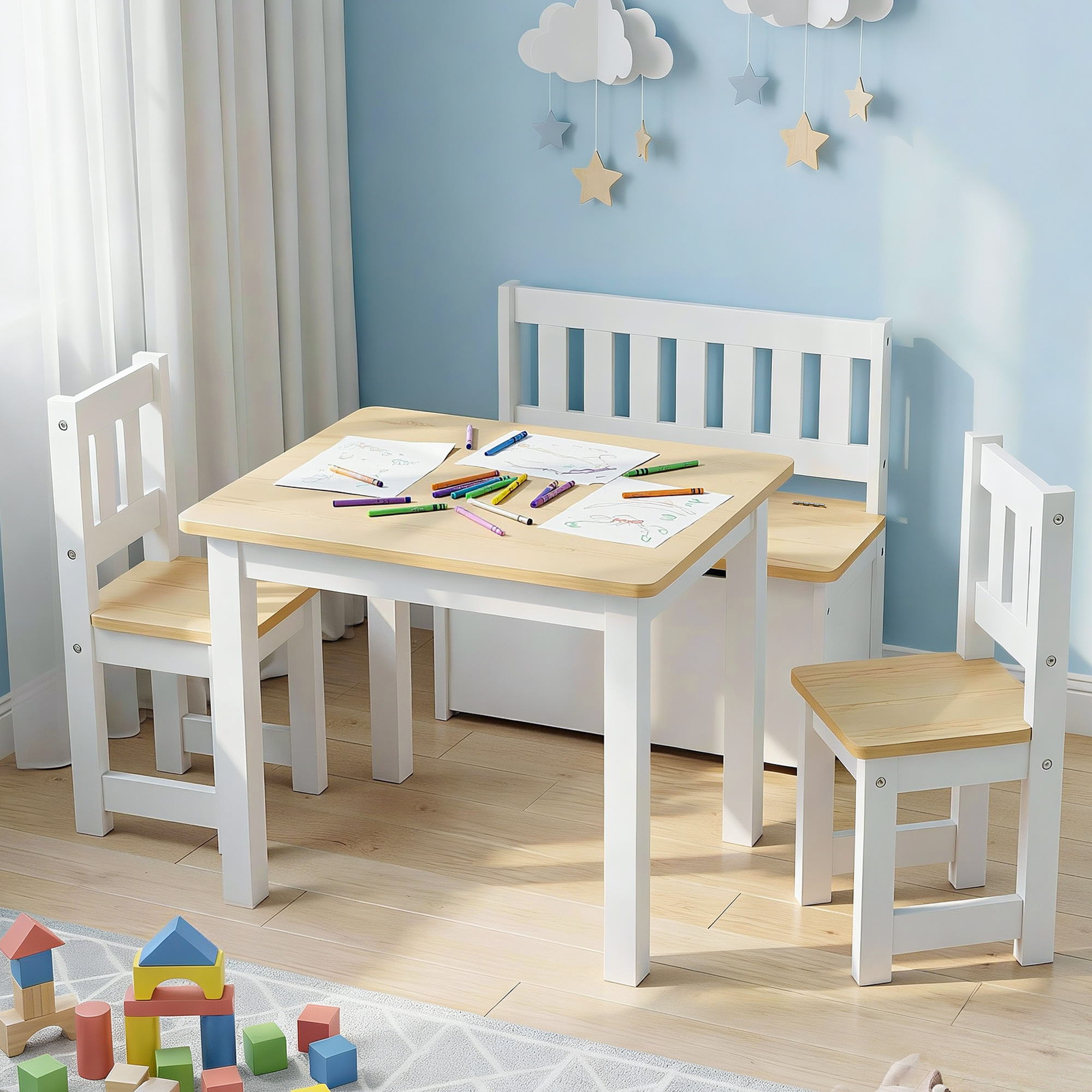 Keezi 2 in 1 Kids Table and Chair Set, Activity Table with Storage Bench and 2 Chairs for Reading, Drawing, Writing, Snack Time & Arts Crafts, 4 Piece Toddler Table and Chair Set,