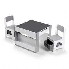 Keezi Kids Table and Chair Set, 4 in 1 Wooden Activity Table with Bookcase, Storage Box and Detachable Blackboard, Toddler Table and 2 Chairs Set, Grey