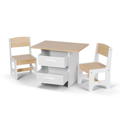 Keezi Kids Table and 2 Chairs Set Wooden Activity Table wit 2 Storage Drawers, Toddler Table and Chair Set for Children Drawing, Reading, Crafts, Eating, Natural