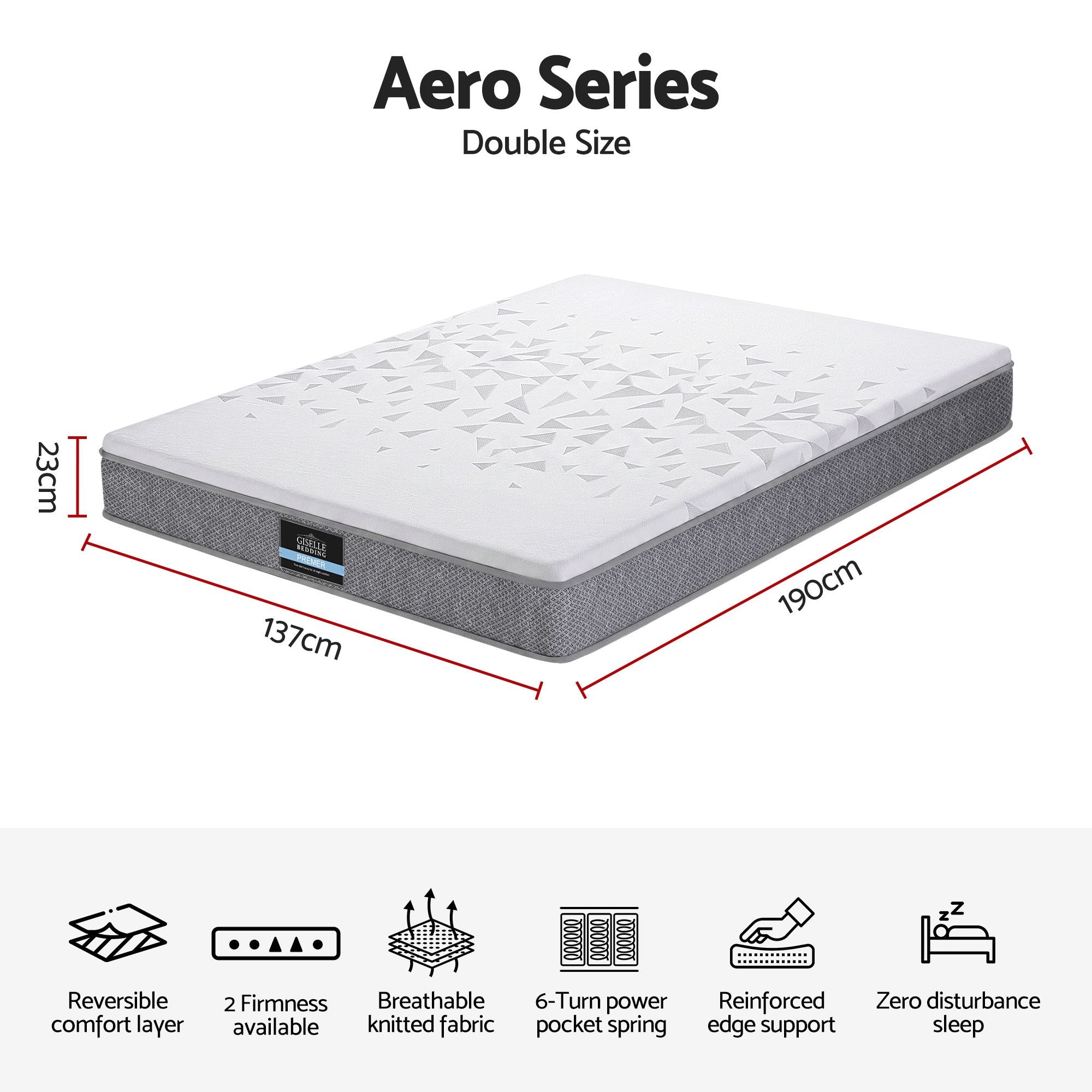 Giselle Bedding Double Mattress 23cm Pocket Spring Mattress with Adjustable Firmness Reversible Foam Layer for Medium Firm & Firm Support Motion Isolation Bedroom Bed