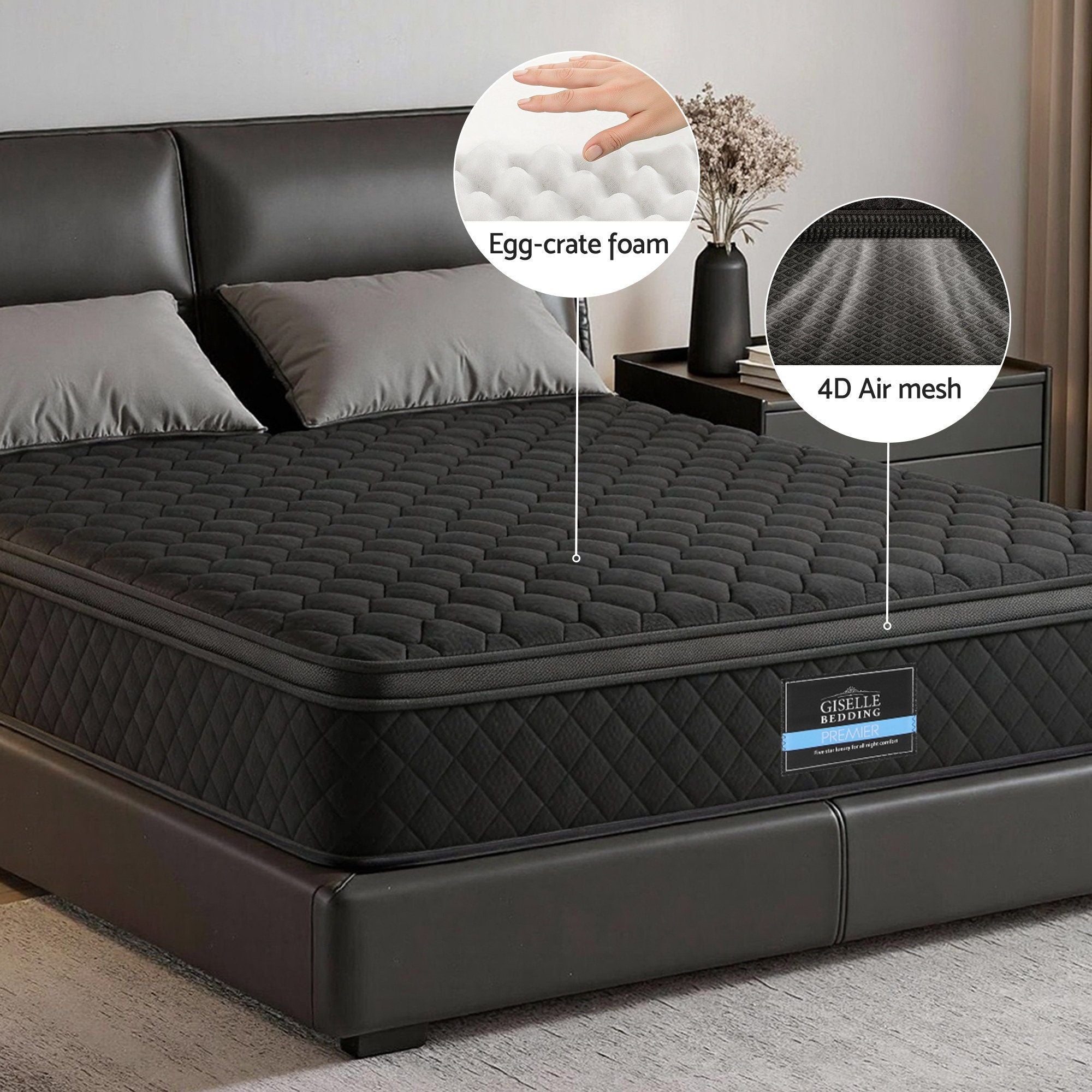 Giselle Bedding Double Mattress 34cm Euro Top with 5-Zone Pocket Spring Support Black
