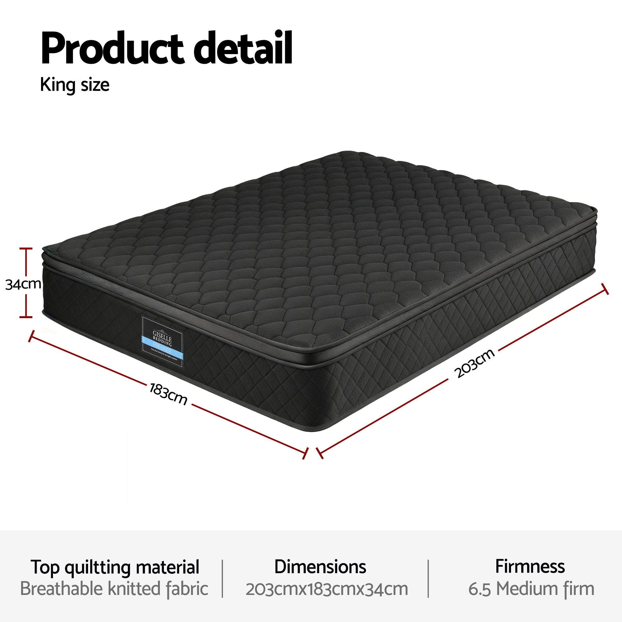 Giselle Bedding King Mattress 34cm Euro Top with 5-Zone Pocket Spring Support Black