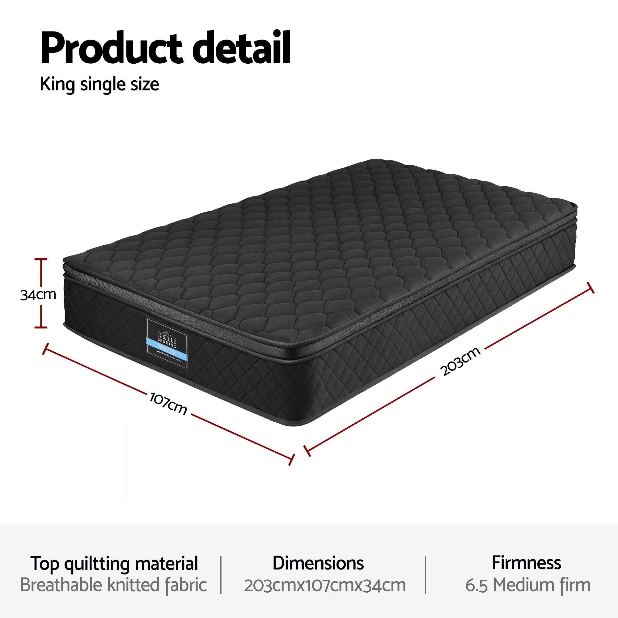 Giselle Bedding King Single Mattress 34cm Euro Top with 5-Zone Pocket Spring Support Black