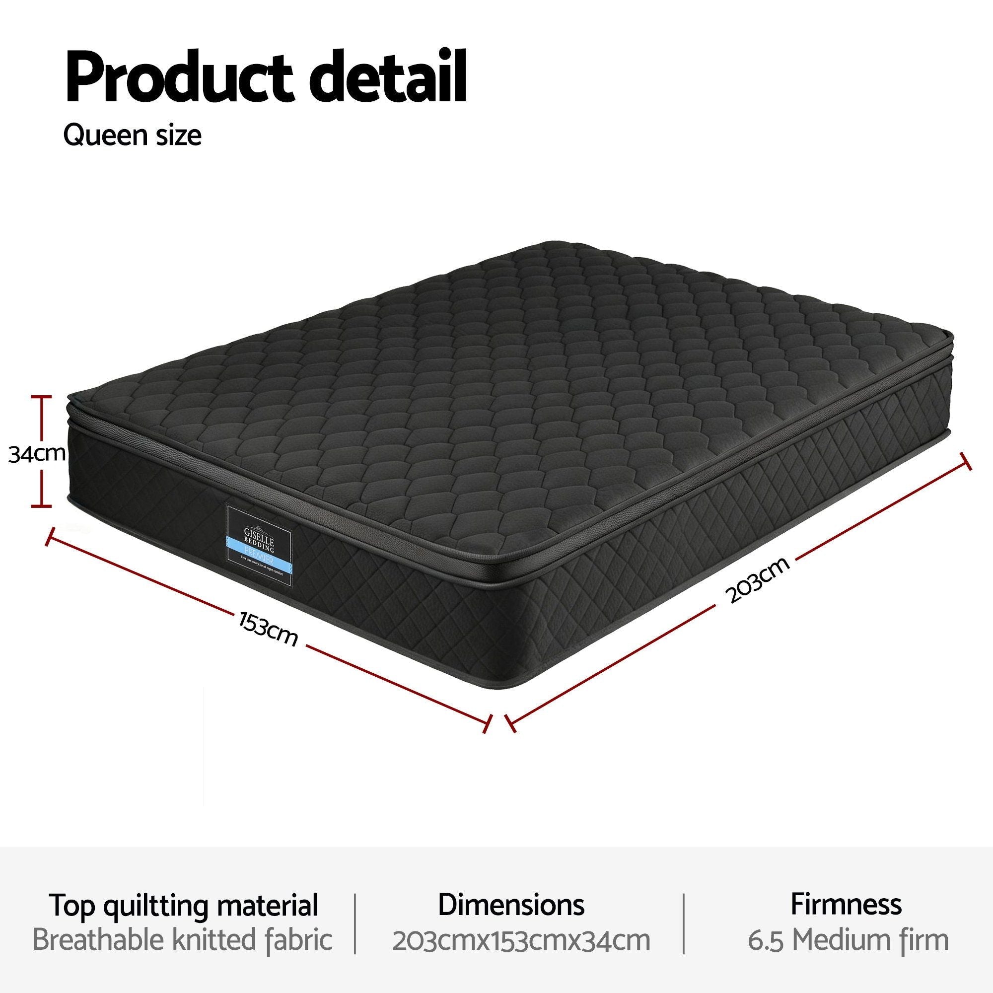 Giselle Bedding Queen Mattress 34cm Euro Top with 5-Zone Pocket Spring Support Black