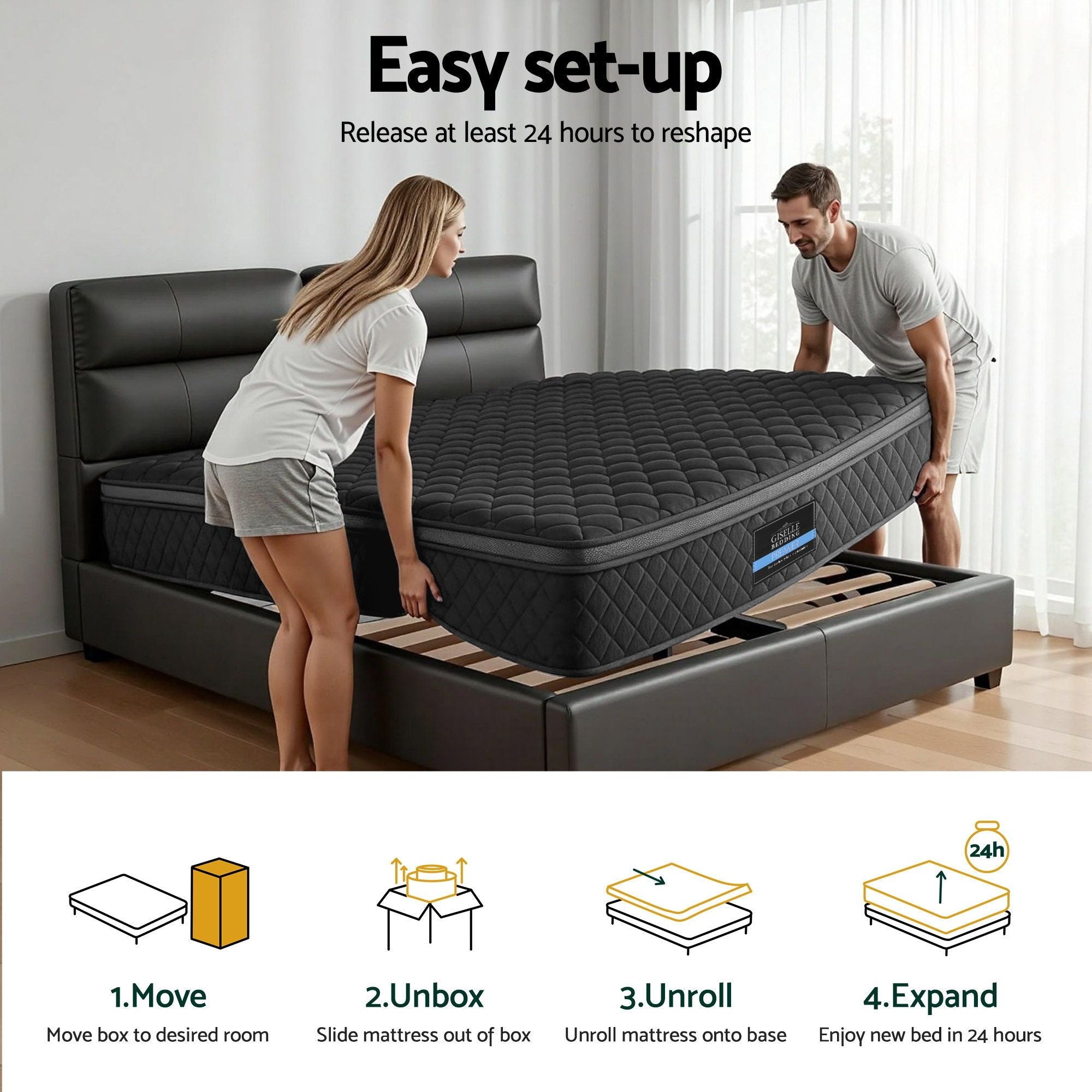 Giselle Bedding Queen Mattress 34cm Euro Top with 5-Zone Pocket Spring Support Black
