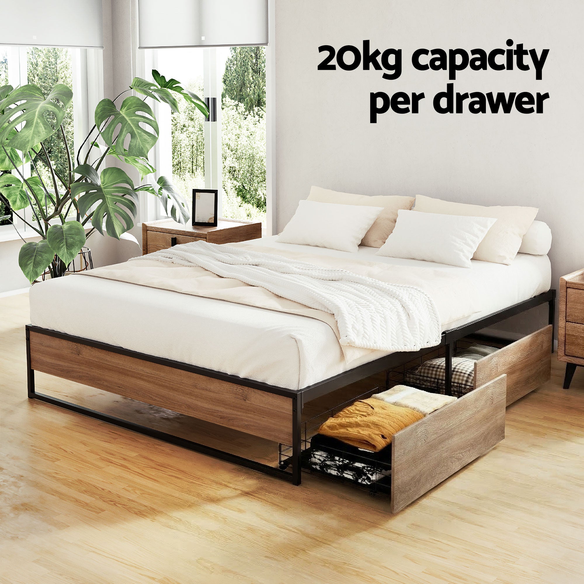 Artiss Bed Frame Metal Frame Queen Size Bed Base 2 Drawers OSLO