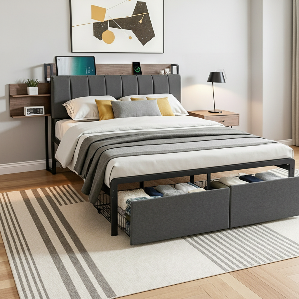 Artiss Metal Bed Frame Double Size with 2-Tier Hidden Storage with Charging