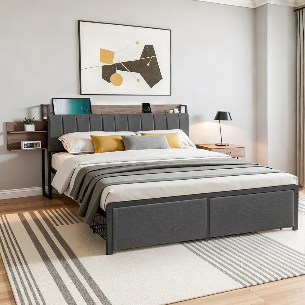 Artiss Metal Bed Frame King Size with 2-Tier Hidden Storage with Charging Station