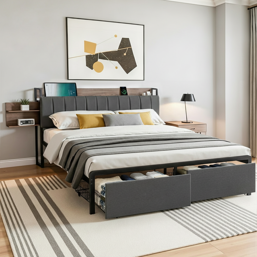 Artiss Metal Bed Frame King Size with 2-Tier Hidden Storage with Charging