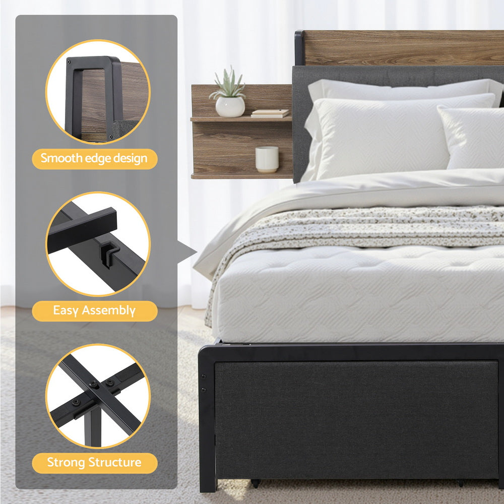 Artiss Metal Bed Frame King Size with 2-Tier Hidden Storage with Charging