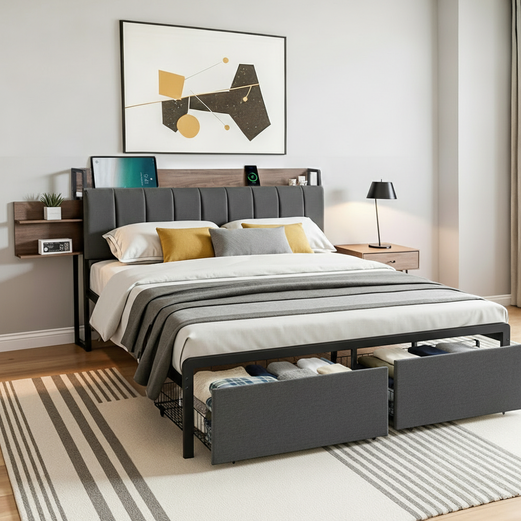 Artiss Metal Bed Frame Queen Size with 2-Tier Hidden Storage with Charging